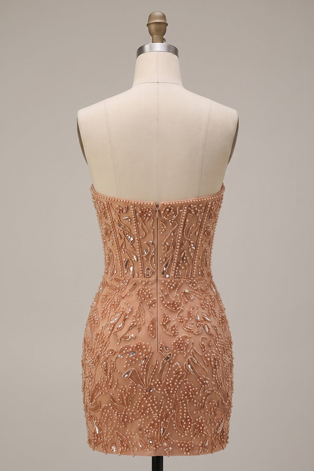 Champagne Bodycon Pearl Corset Strapless Beaded Short Homecoming Dress