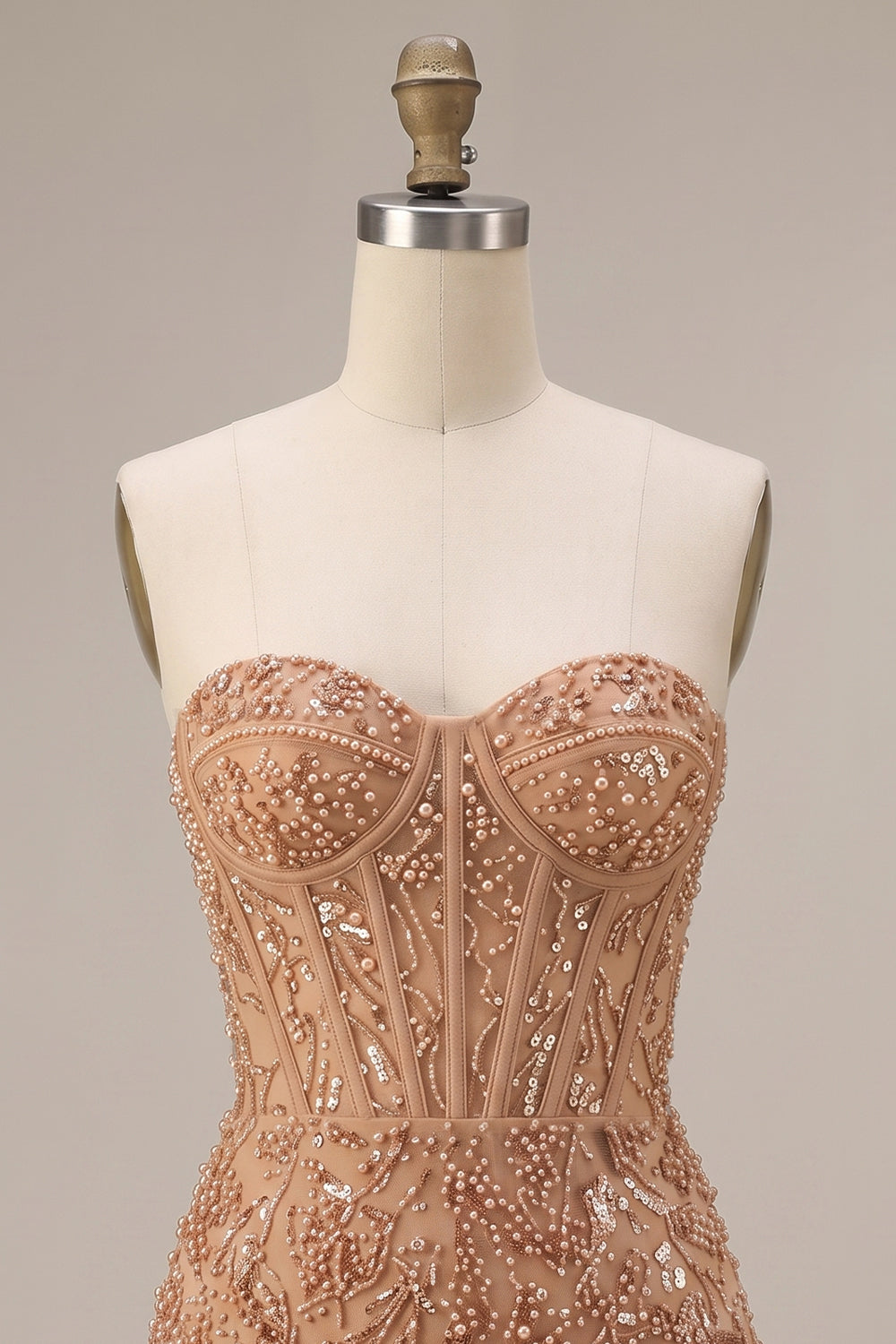 Champagne Bodycon Pearl Corset Strapless Beaded Short Homecoming Dress