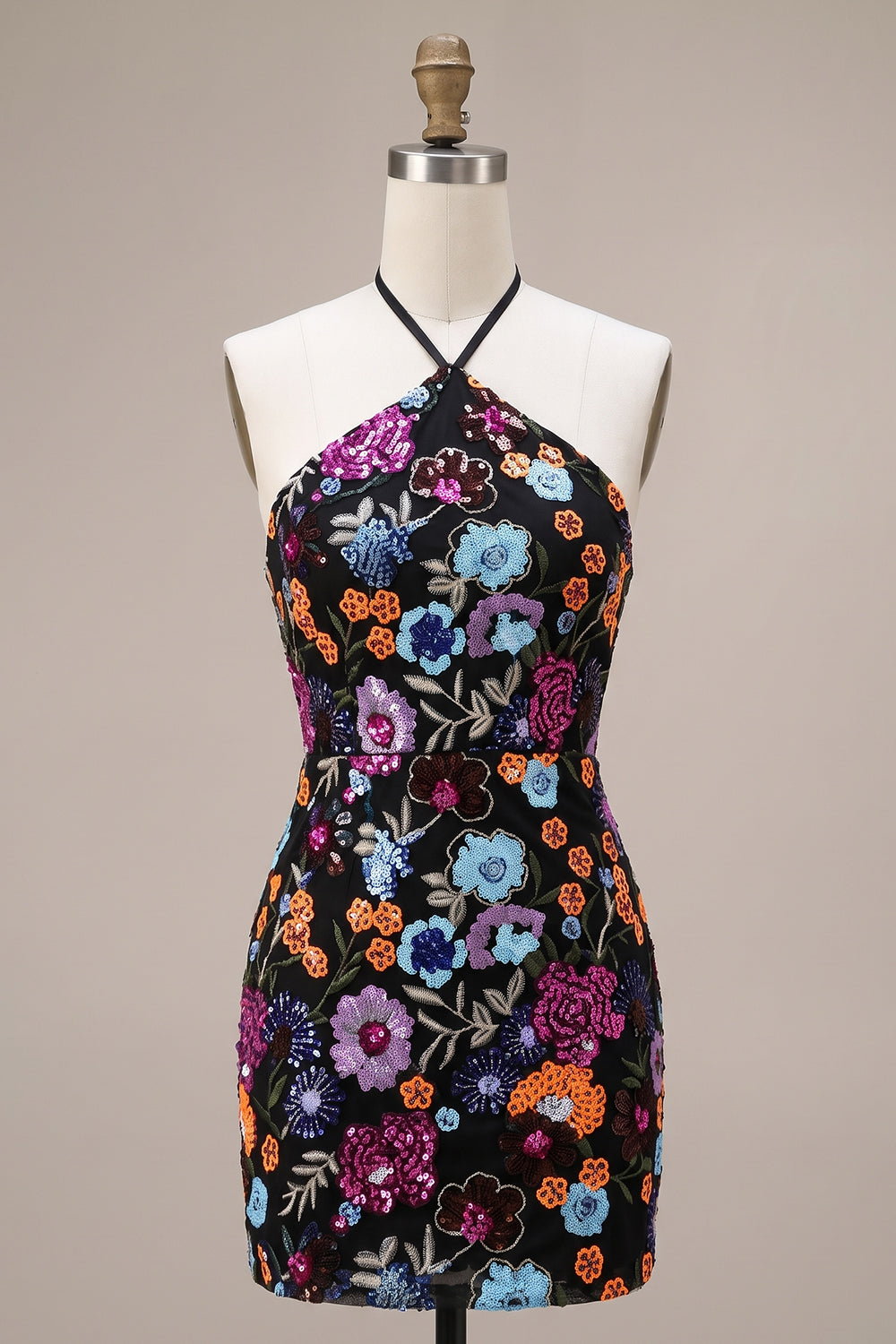 Black Bodycon Halter Backless Floral Short Homecoming Dress with Sequins