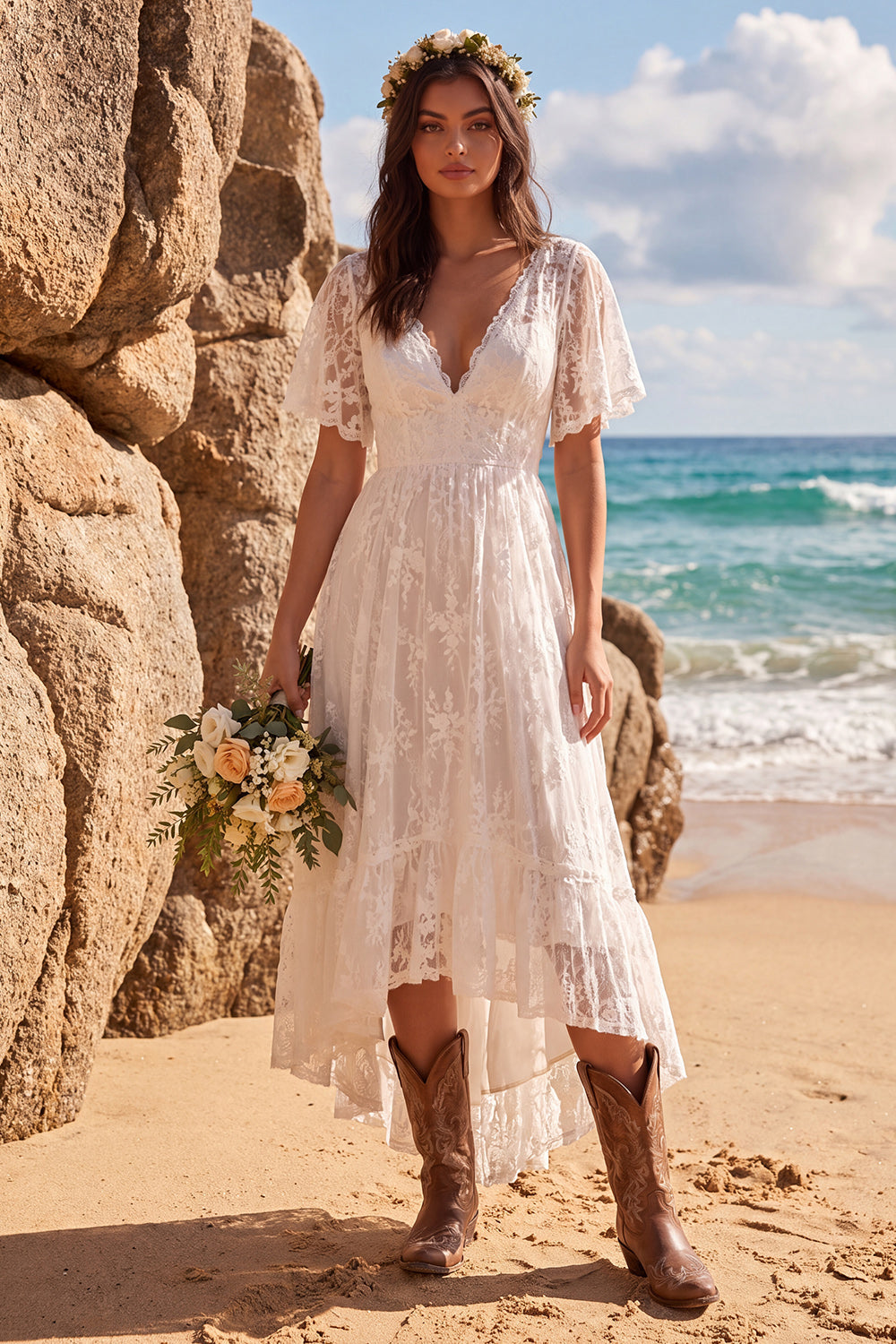 White V-Neck Flutter Sleeves A-Line High-Low Wedding Dress with Lace