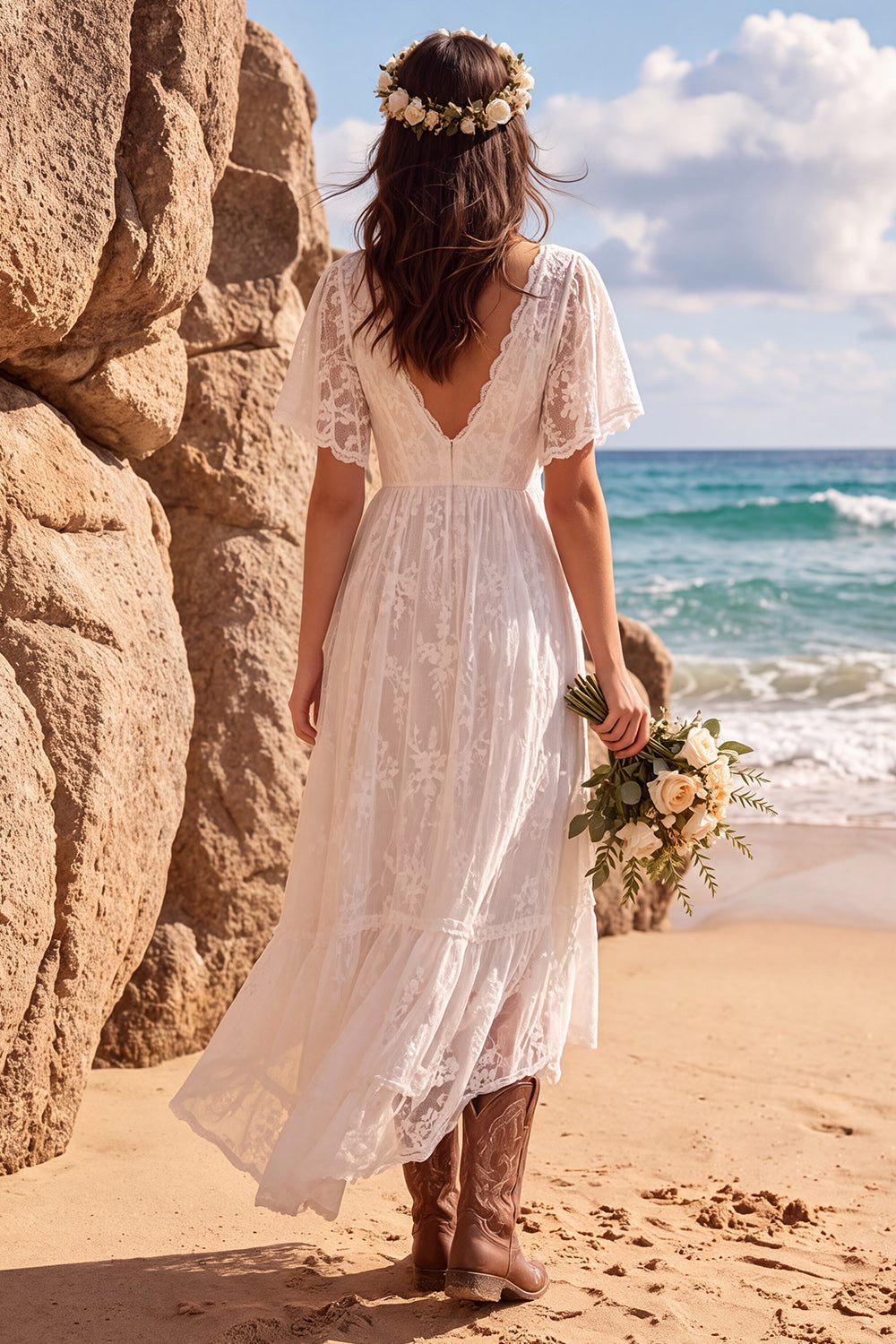 White V-Neck Flutter Sleeves A-Line High-Low Wedding Dress with Lace