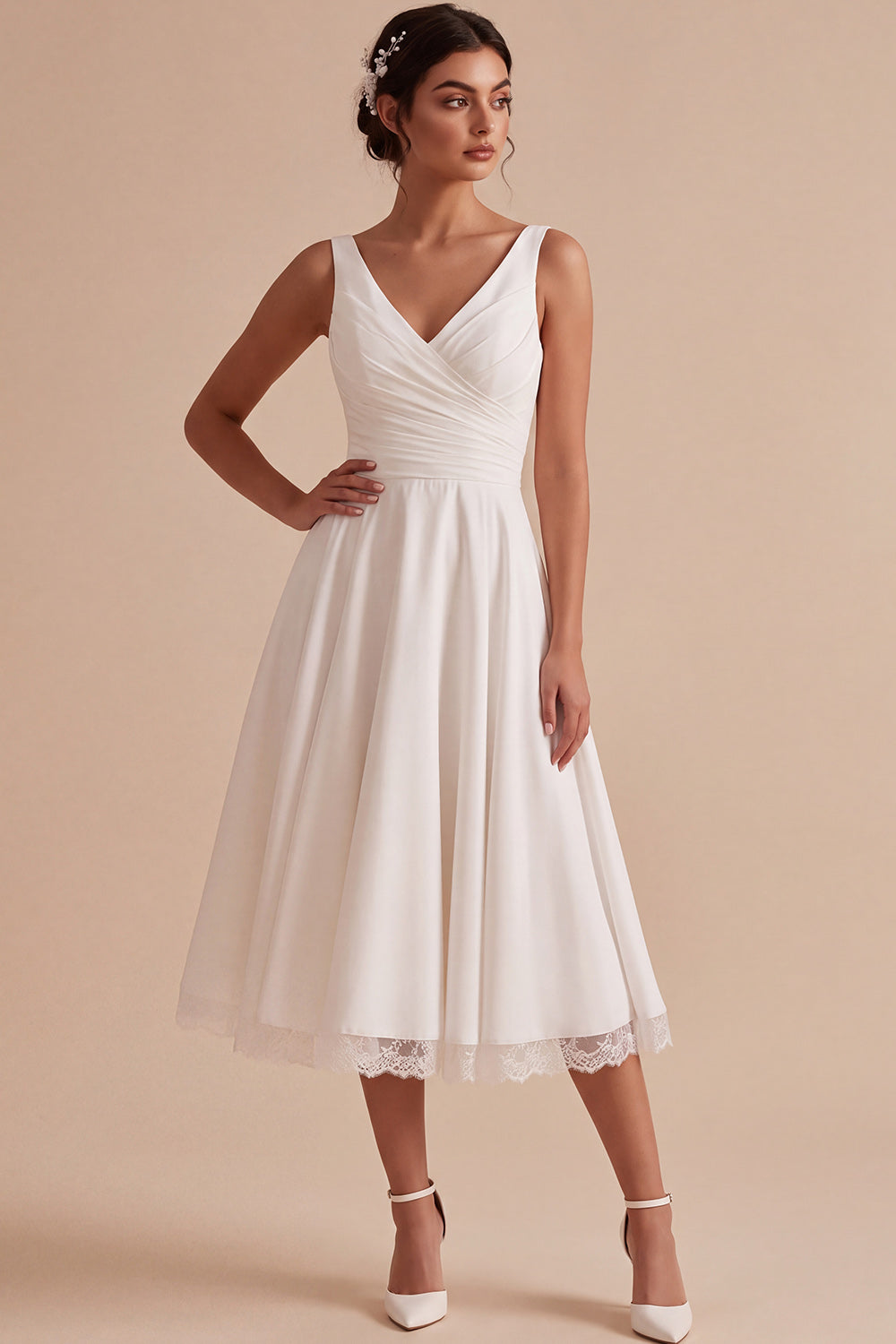 White V-Neck Ruched A-Line Midi Wedding Dress with Lace