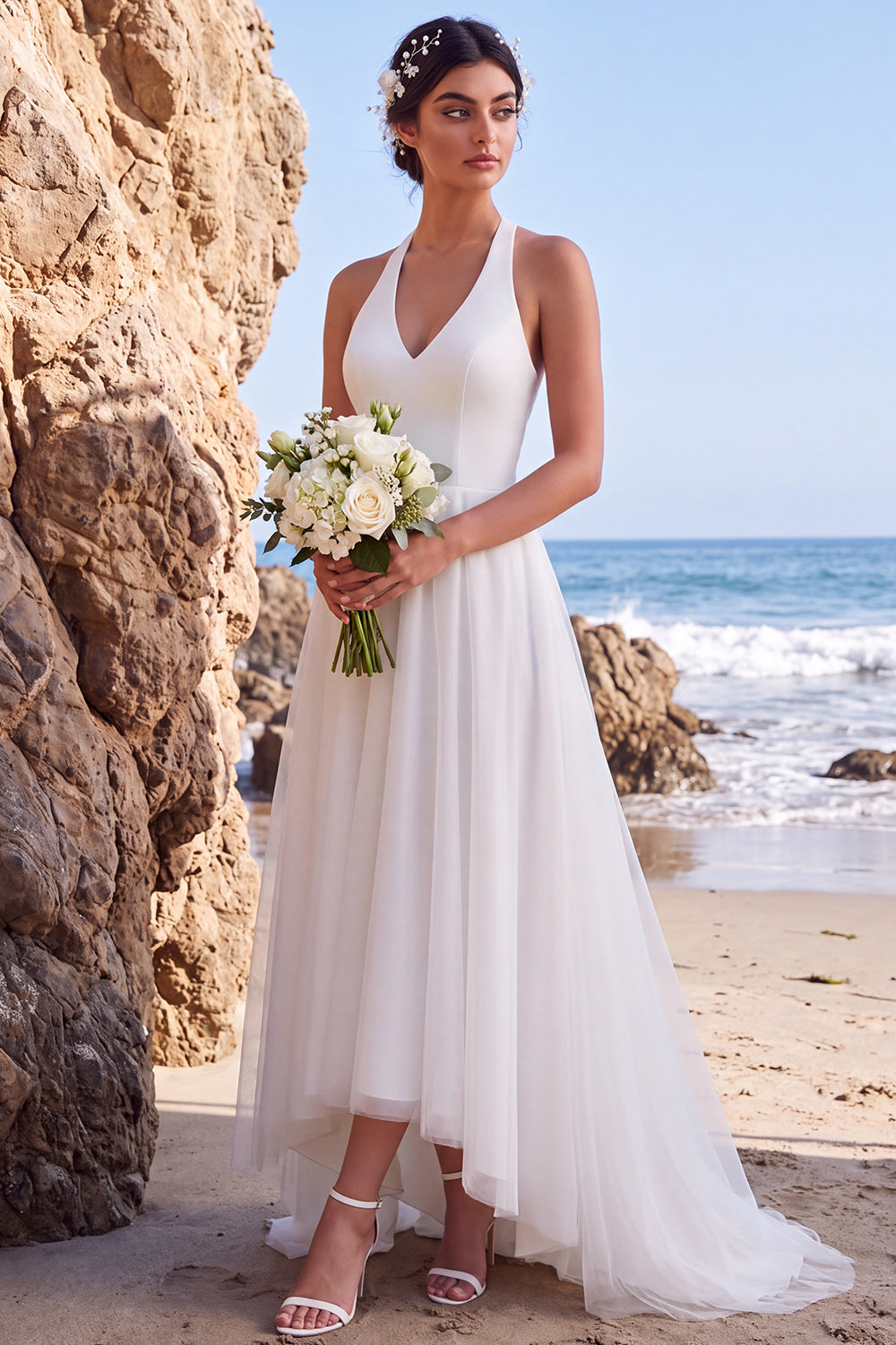 White Halter A-Line V-Neck High-Low Wedding Dress