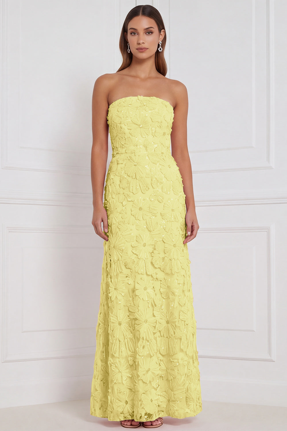 Vestido largo de dama de honor rosa sin tirantes, estilo tubo, con apliques florales y lentejuelas