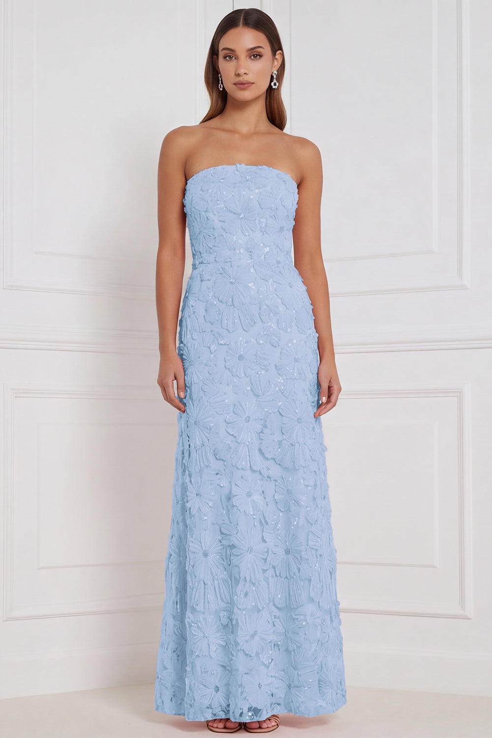 Vestido largo de dama de honor rosa sin tirantes, estilo tubo, con apliques florales y lentejuelas
