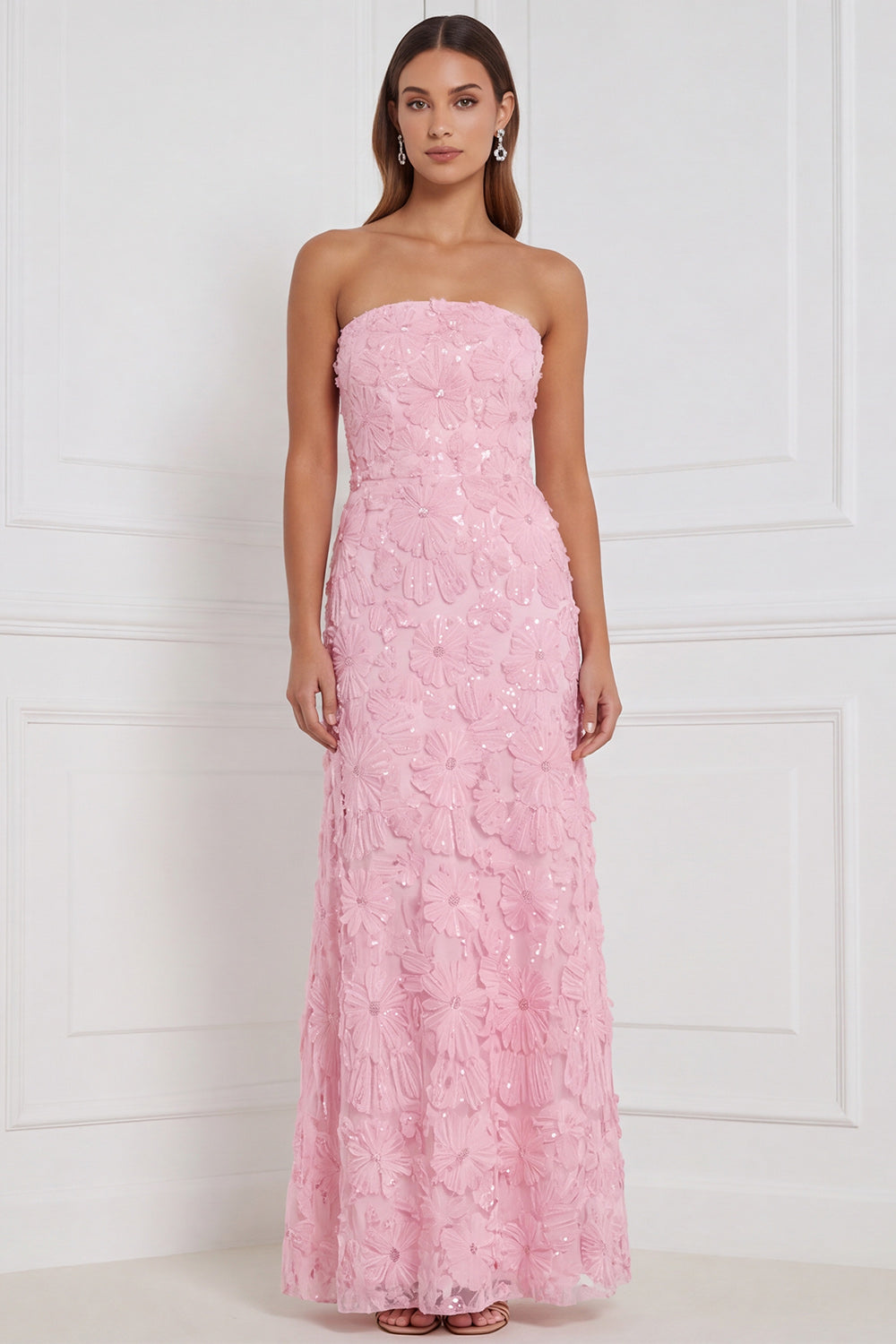 Vestido largo de dama de honor rosa sin tirantes, estilo tubo, con apliques florales y lentejuelas