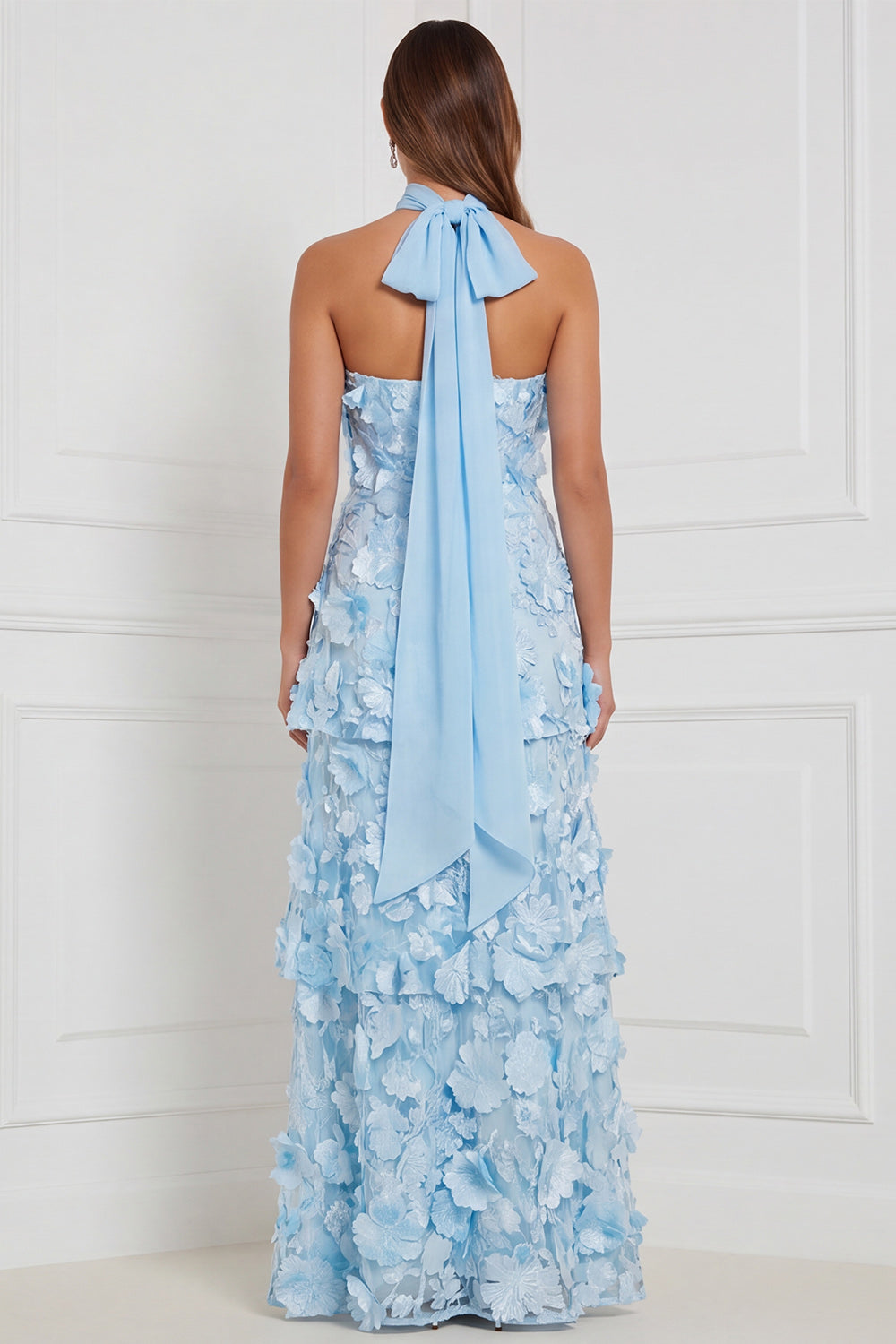 Light Blue Strapless A-Line Tiered 3D Flower Long Bridesmaid Dress