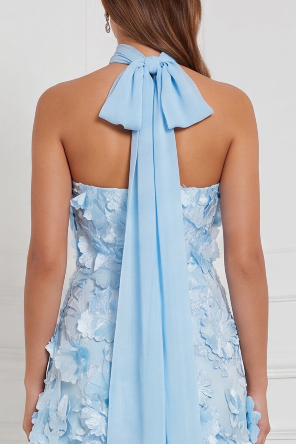 Light Blue Strapless A-Line Tiered 3D Flower Long Bridesmaid Dress