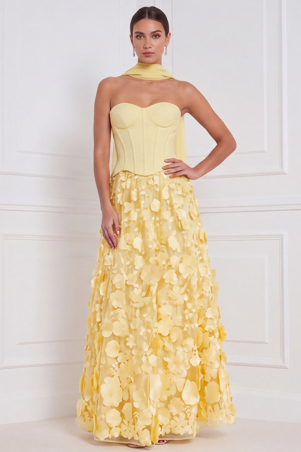 Light Blue Corset A-Line Strapless Floral Appliqued Long Bridesmaid Dress with 3D Flower