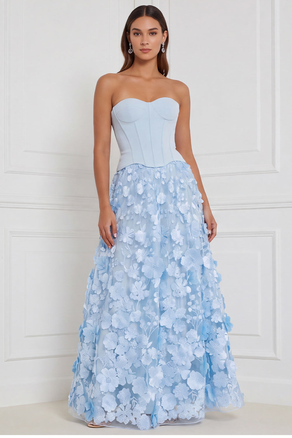 Light Blue Corset A-Line Strapless Floral Appliqued Long Bridesmaid Dress with 3D Flower