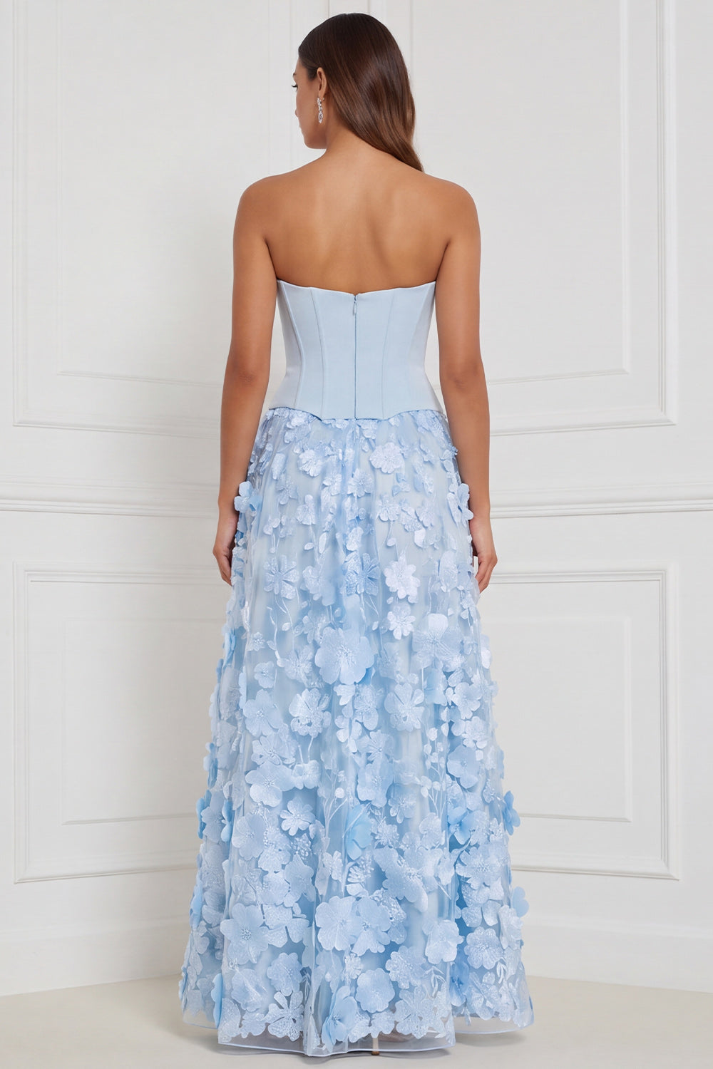 Light Blue Corset A-Line Strapless Floral Appliqued Long Bridesmaid Dress with 3D Flower