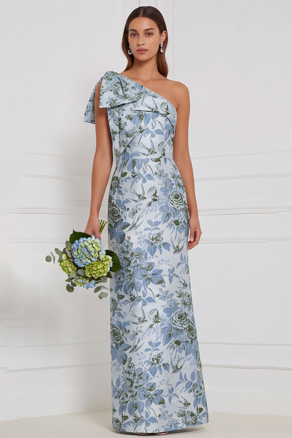 Robe longue de demoiselle d'honneur fourreau bleu poudré fleuri à nœud, asymétrique à une épaule