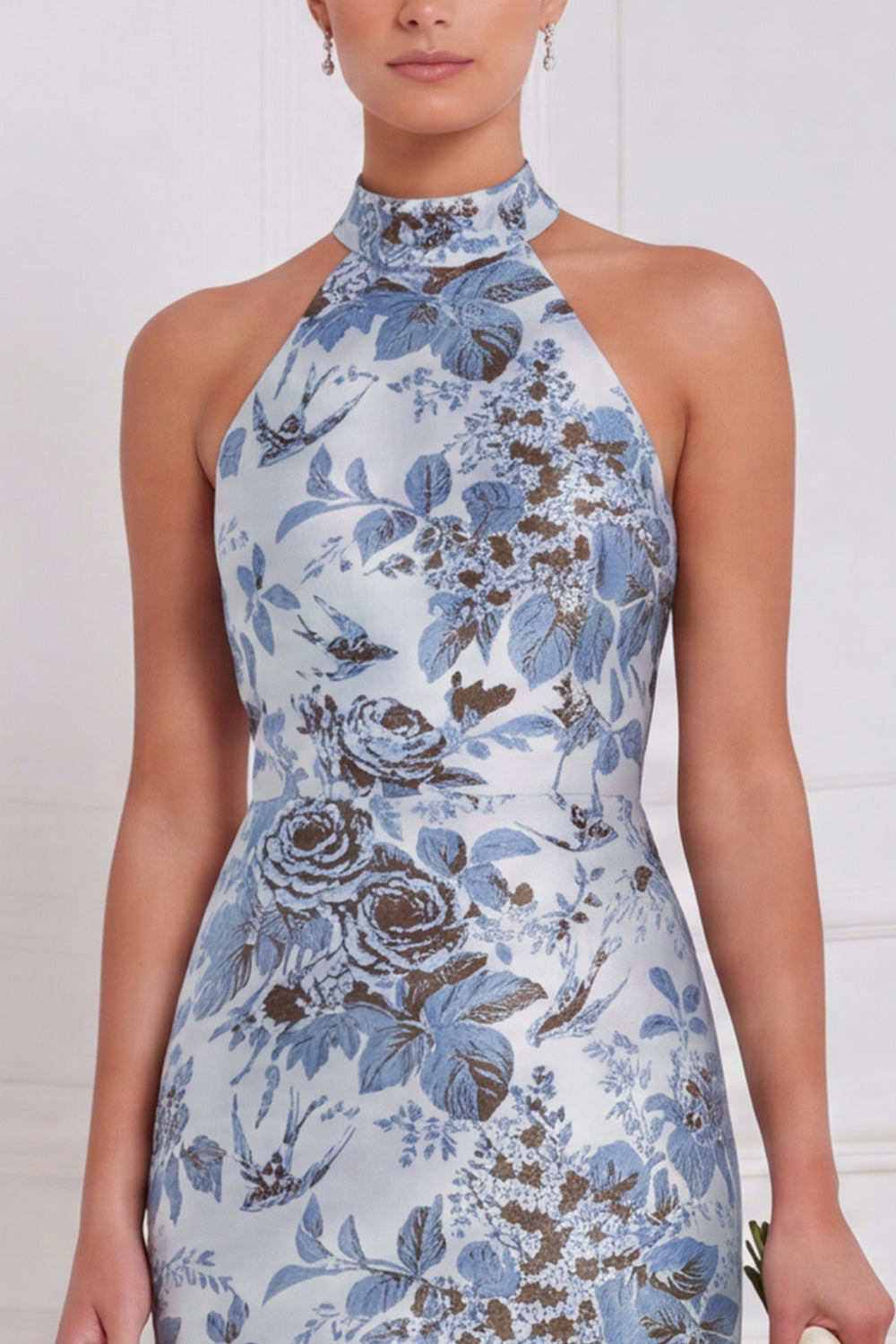 Halter Dusty Blue Sheath Floral Long Bridesmaid Dress
