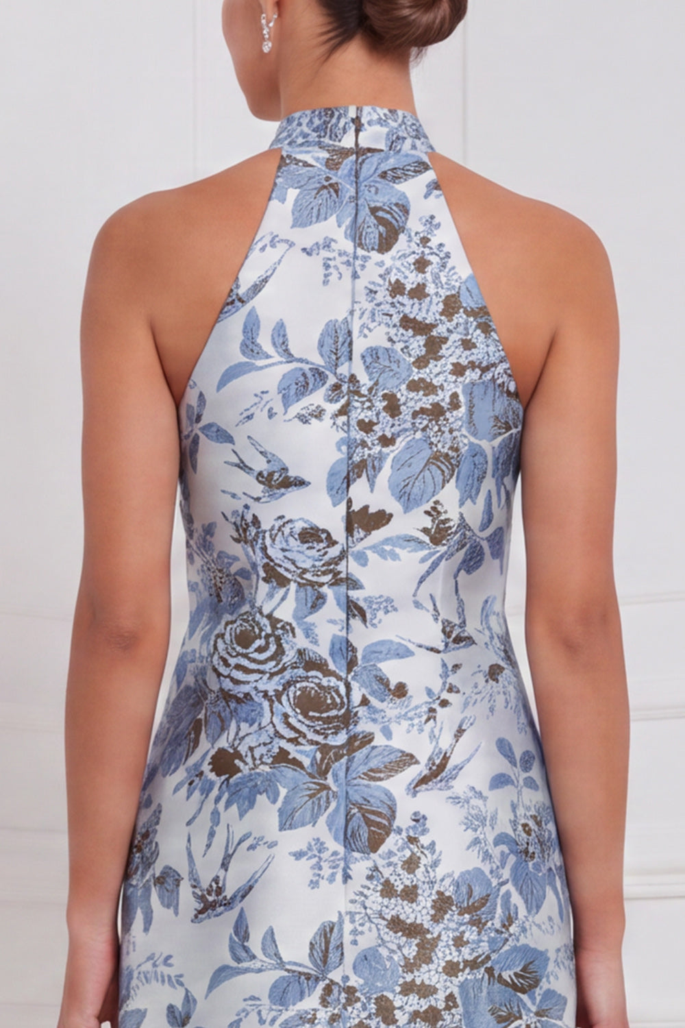 Halter Dusty Blue Sheath Floral Long Bridesmaid Dress