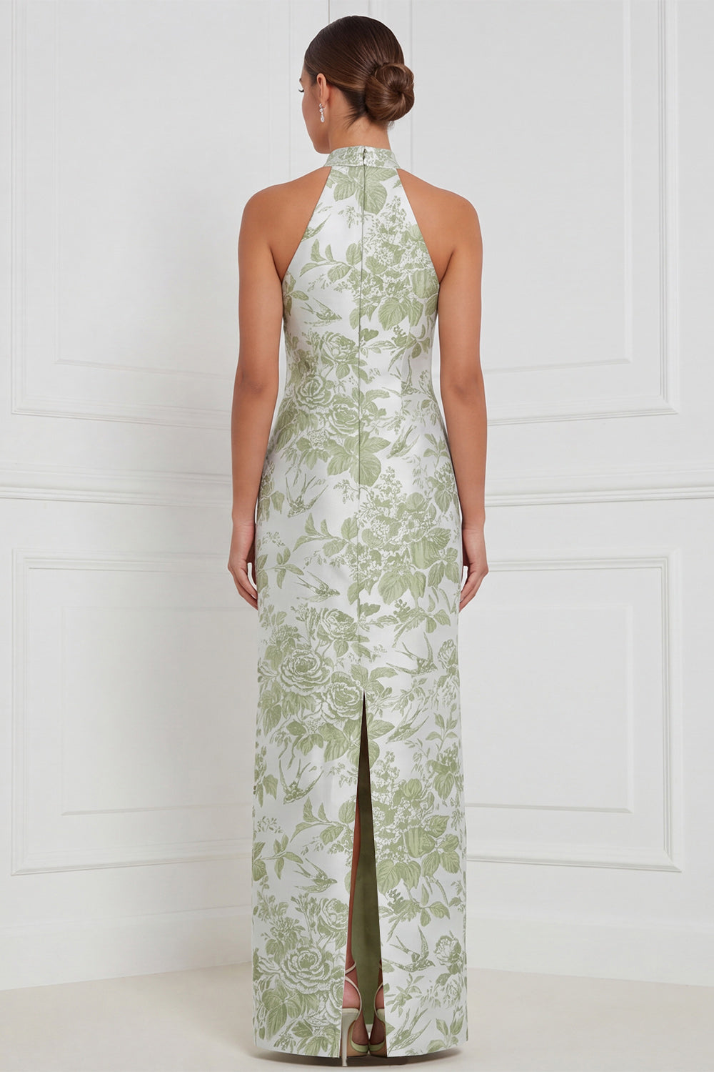 Halter Dusty Blue Sheath Floral Long Bridesmaid Dress