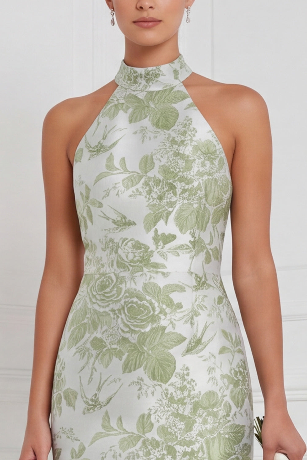 Halter Dusty Blue Sheath Floral Long Bridesmaid Dress