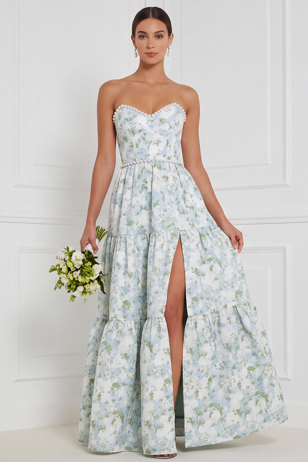 Blue White Flower Pearls A-Line Strapless Long Bridesmaid Dress with Front Slit