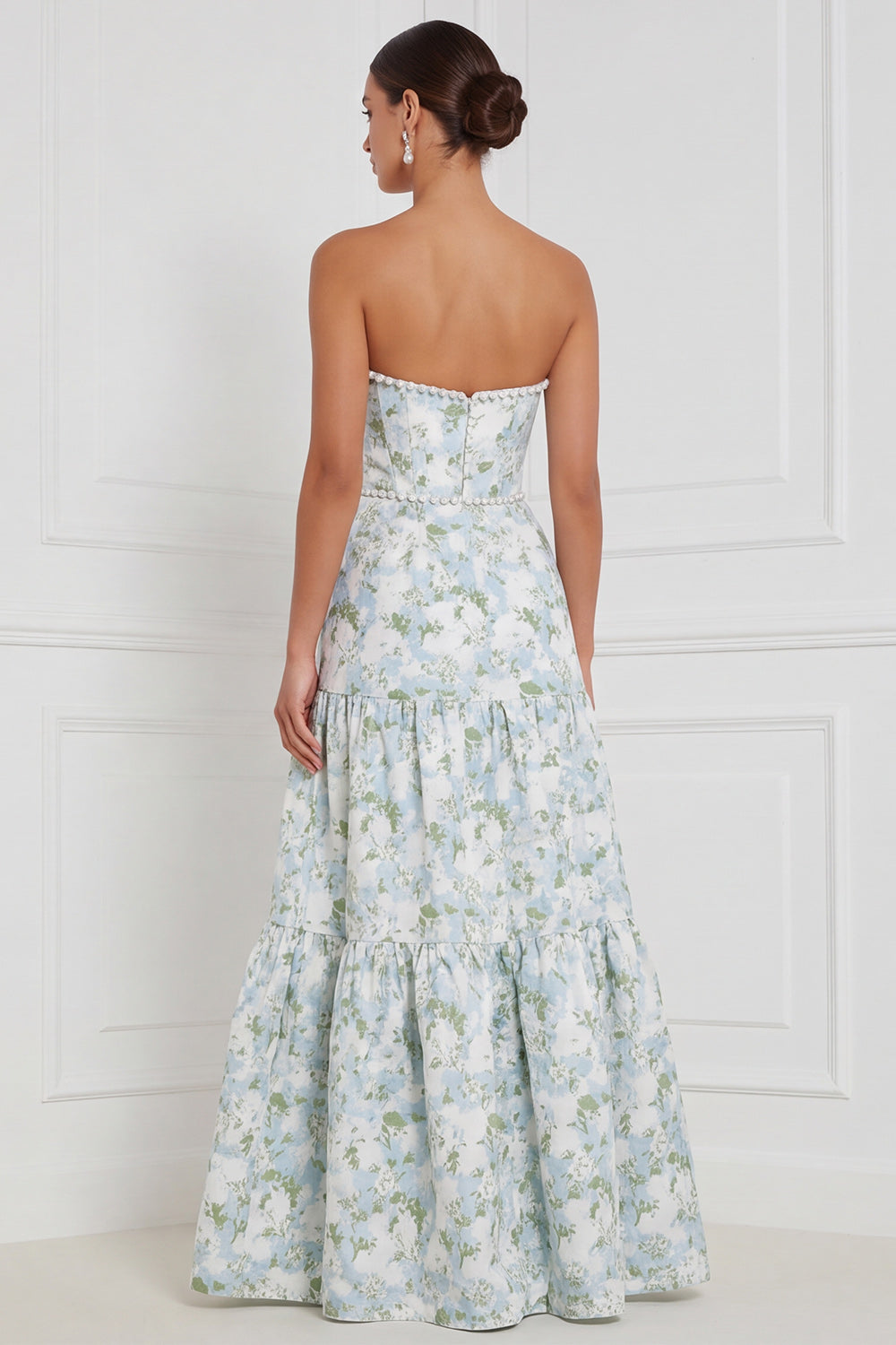 Blue White Flower Pearls A-Line Strapless Long Bridesmaid Dress with Front Slit