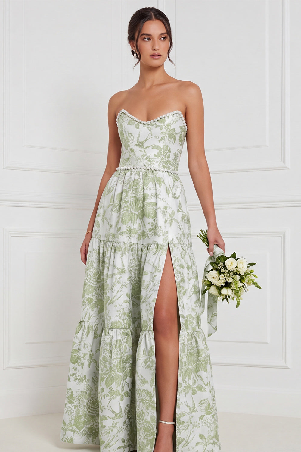 Blue White Flower Pearls A-Line Strapless Long Bridesmaid Dress with Front Slit
