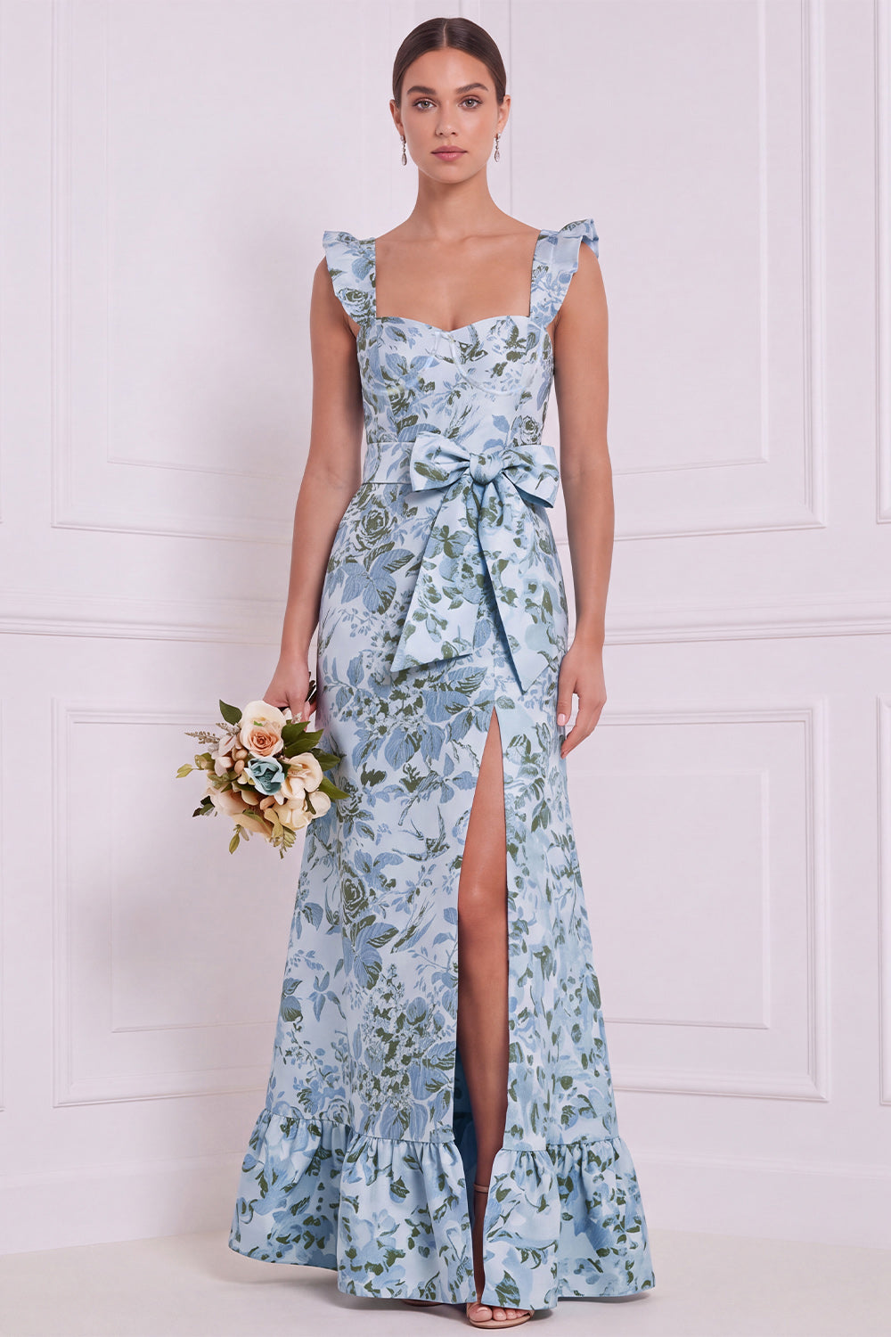 Dusty Blue Floral Mermaid Sweetheart Long Bridesmaid Dress with Bow