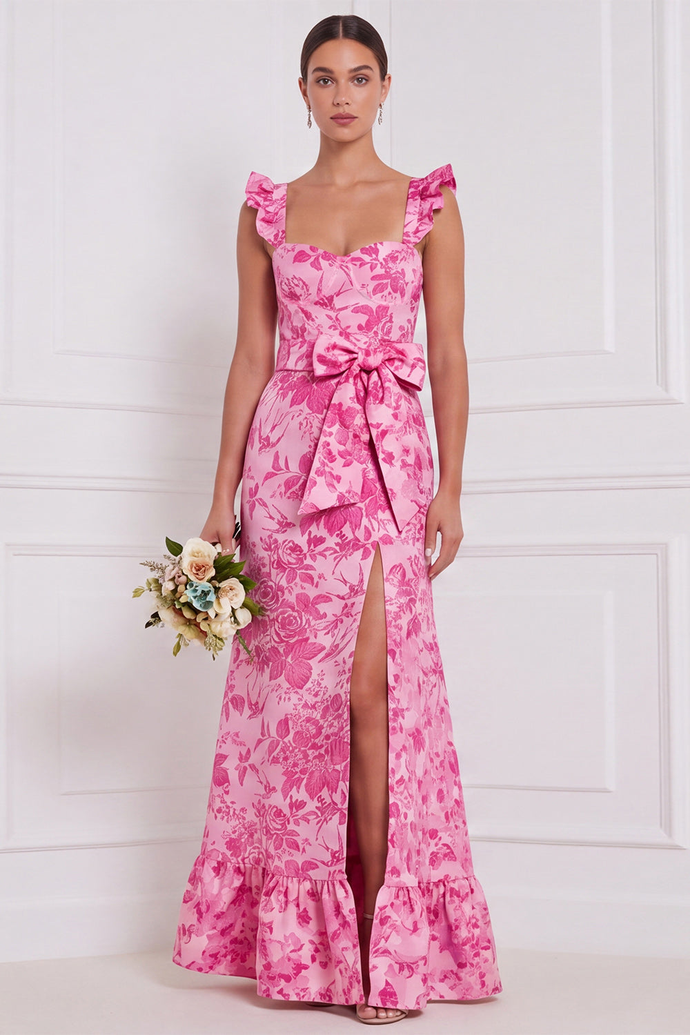 Dusty Blue Floral Mermaid Sweetheart Long Bridesmaid Dress with Bow