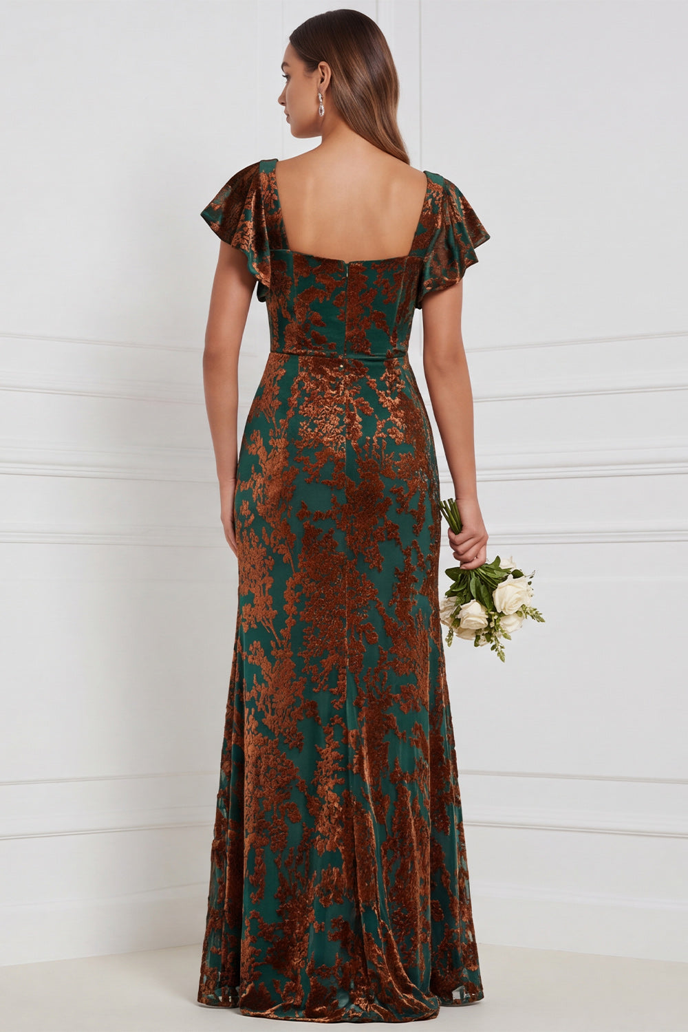 Brown Burnout Velvet Sheath Square Neck Flutter Sleeves Long Bridesmaid Dress with Side Slit