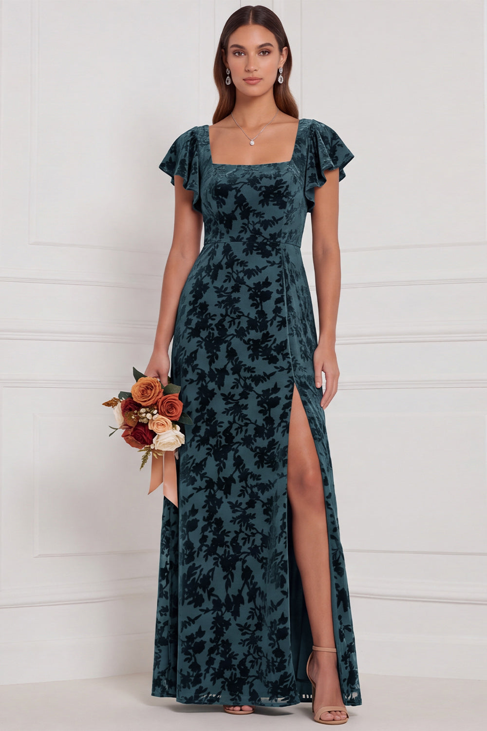 Brown Burnout Velvet Sheath Square Neck Flutter Sleeves Long Bridesmaid Dress with Side Slit