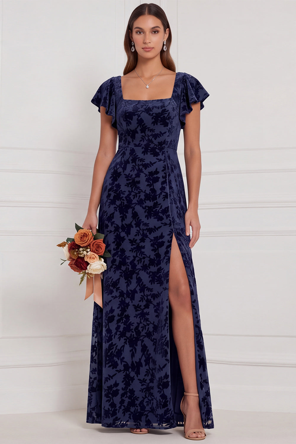 Brown Burnout Velvet Sheath Square Neck Flutter Sleeves Long Bridesmaid Dress with Side Slit