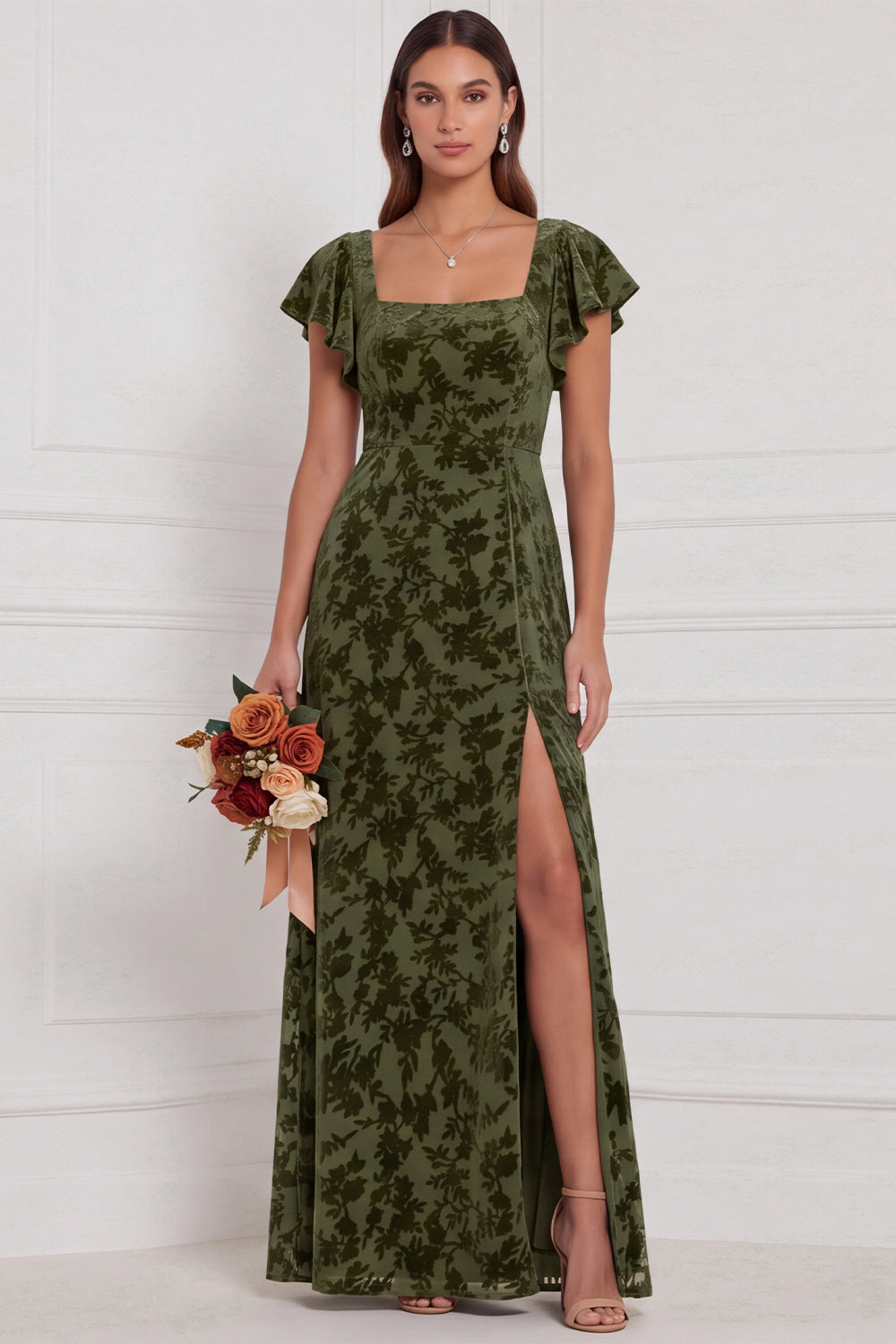 Brown Burnout Velvet Sheath Square Neck Flutter Sleeves Long Bridesmaid Dress with Side Slit