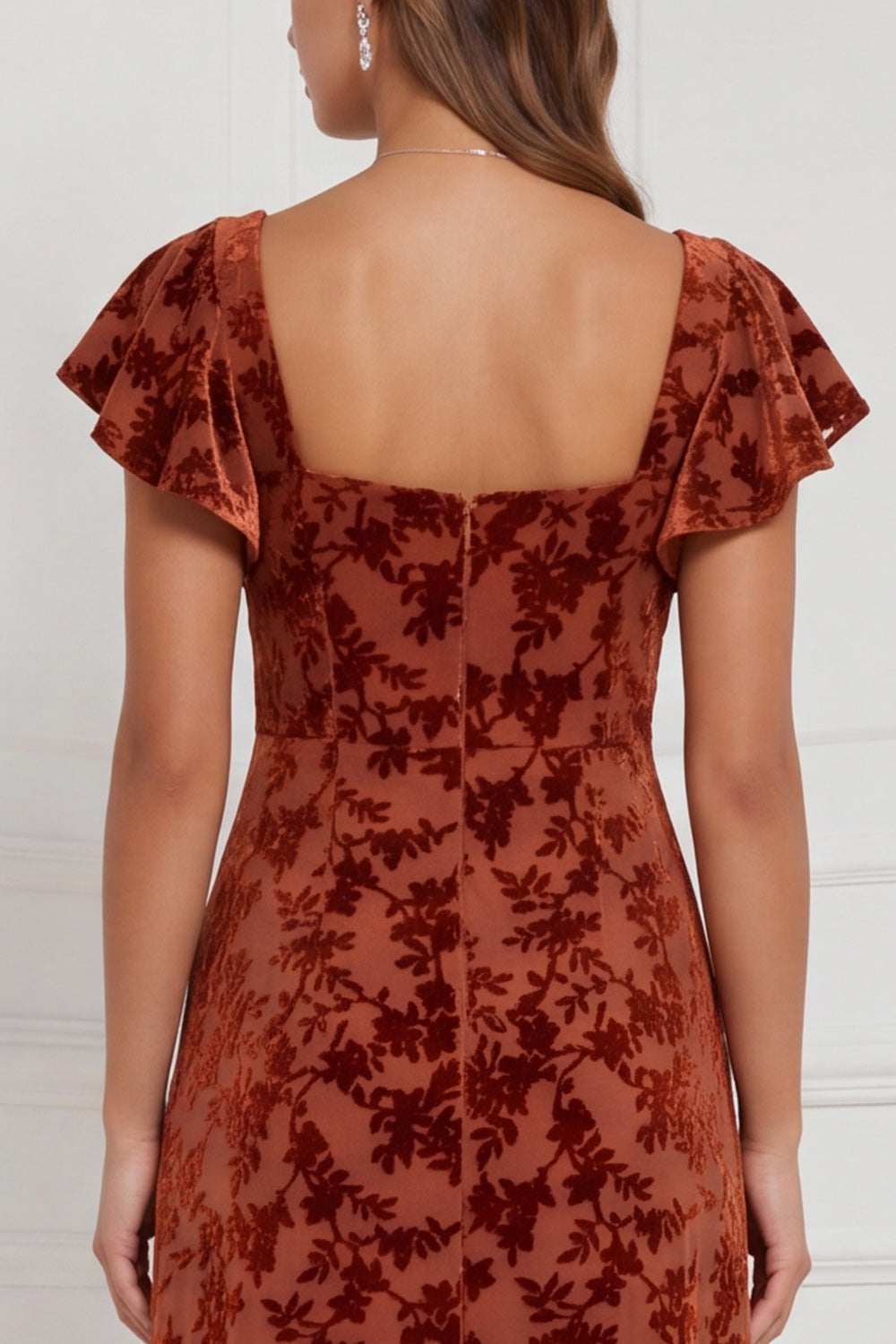 Brown Burnout Velvet Sheath Square Neck Flutter Sleeves Long Bridesmaid Dress with Side Slit