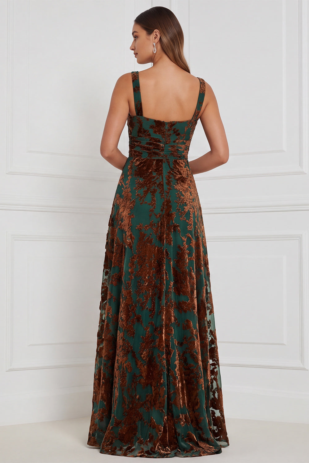 Brown Square Neck A-Line Ruched Burnout Velvet Long Bridesmaid Dress