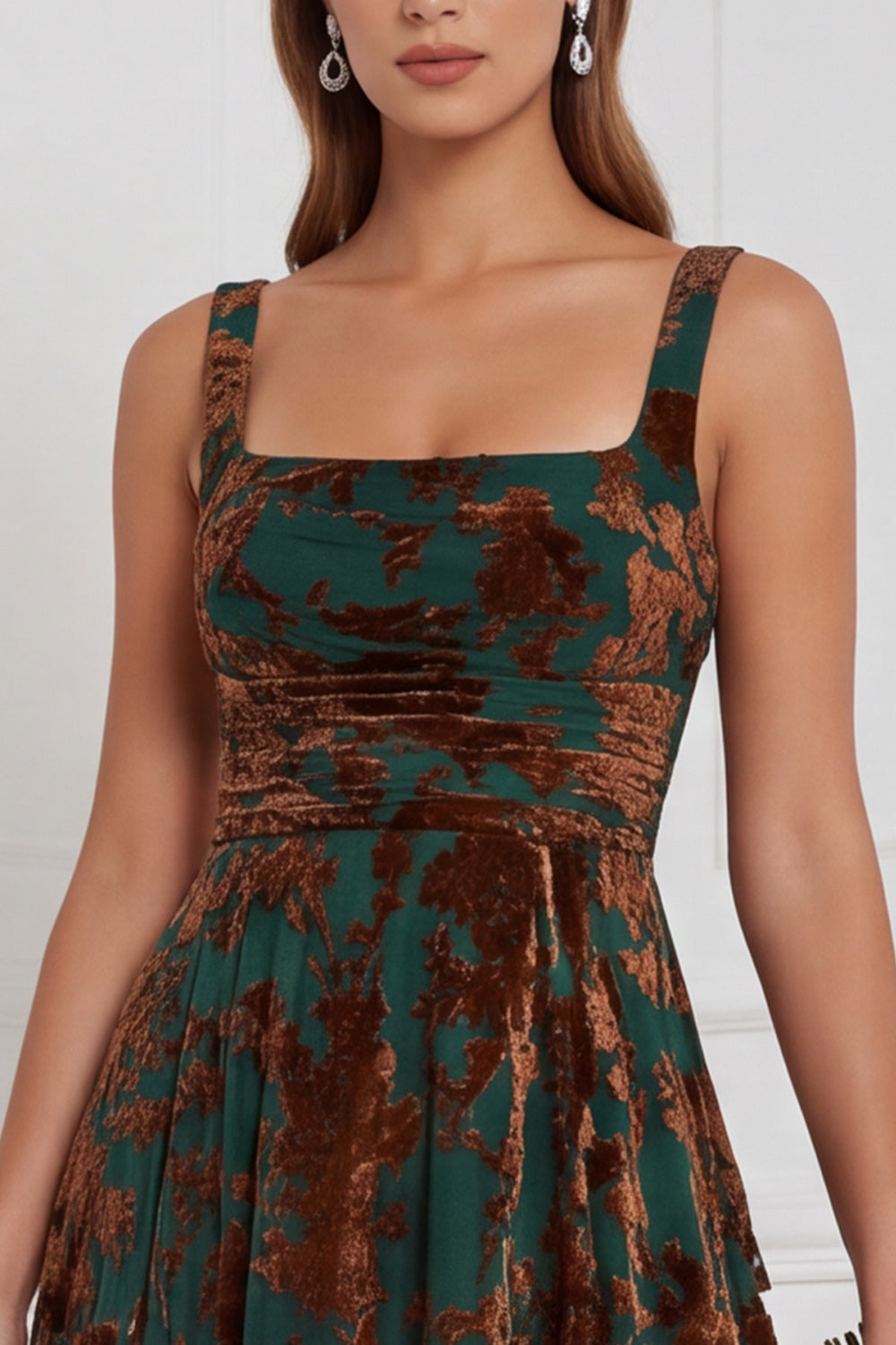 Brown Square Neck A-Line Ruched Burnout Velvet Long Bridesmaid Dress