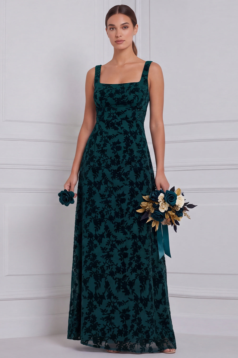 Brown Square Neck A-Line Ruched Burnout Velvet Long Bridesmaid Dress