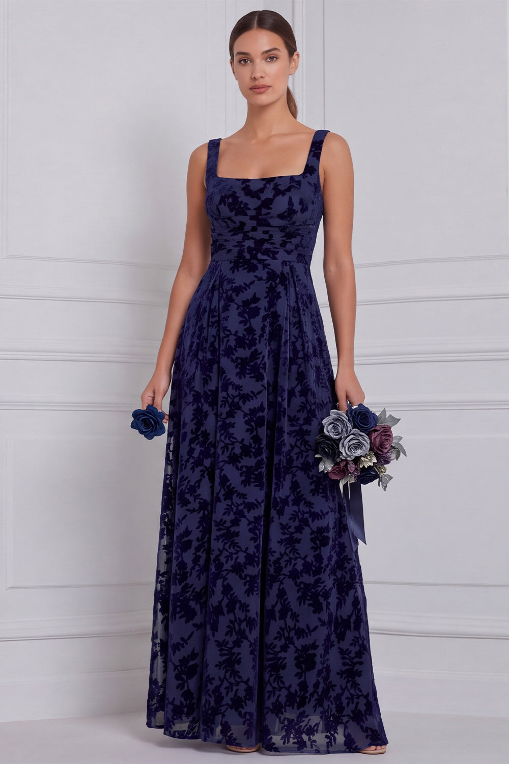Brown Square Neck A-Line Ruched Burnout Velvet Long Bridesmaid Dress