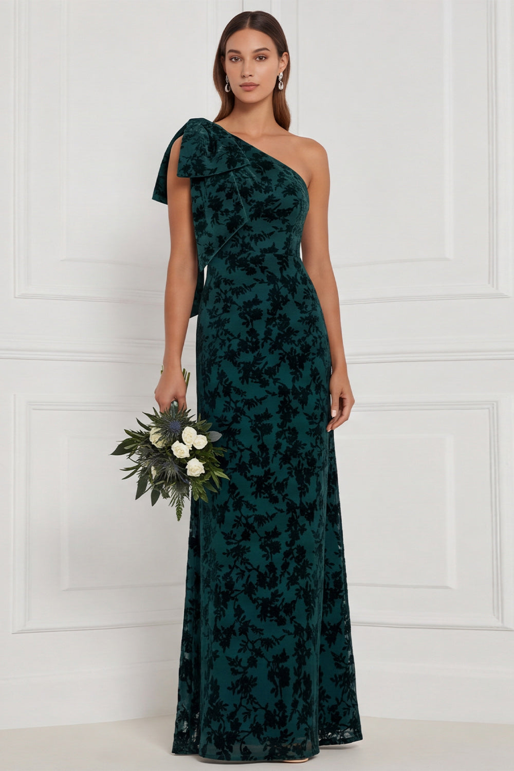 Robe longue de demoiselle d'honneur vert foncé fourreau asymétrique en velours dévoré avec nœud