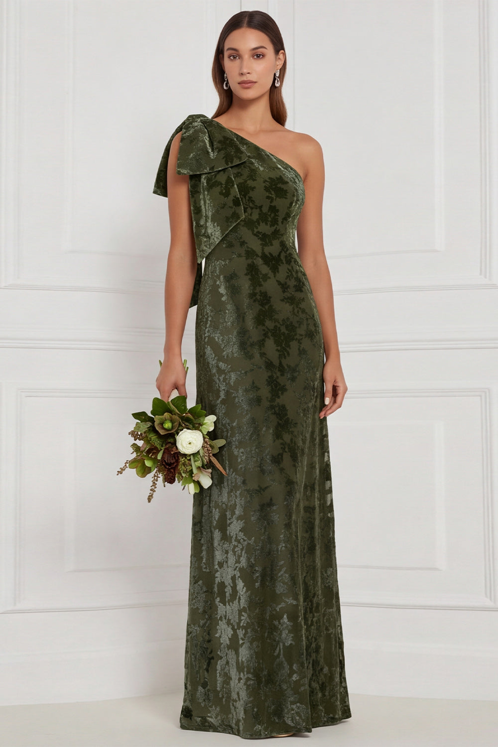 Robe longue de demoiselle d'honneur vert foncé fourreau asymétrique en velours dévoré avec nœud