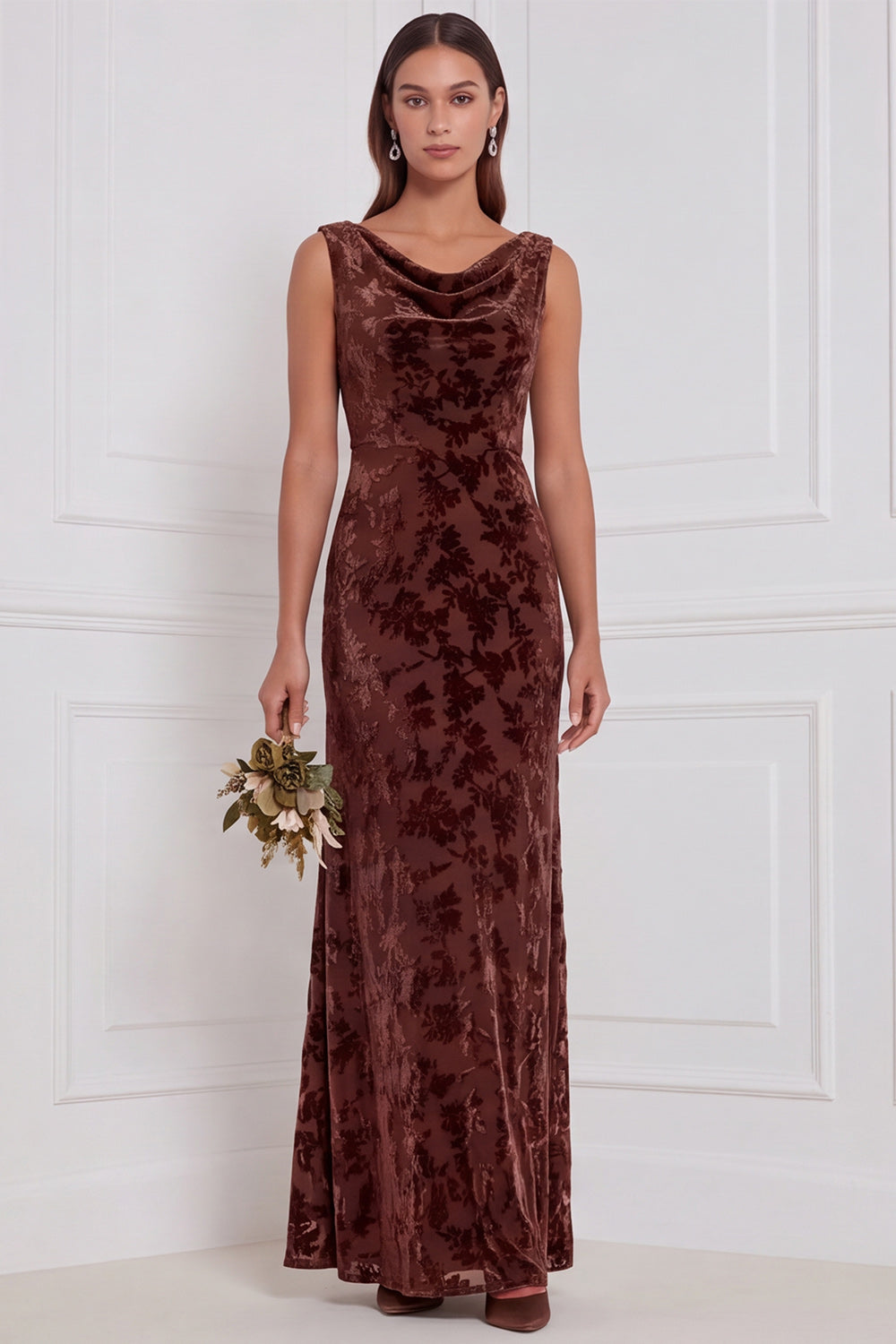 Olive Sheath Cowl Neck Burnout Velvet Long Bridesmaid Dress