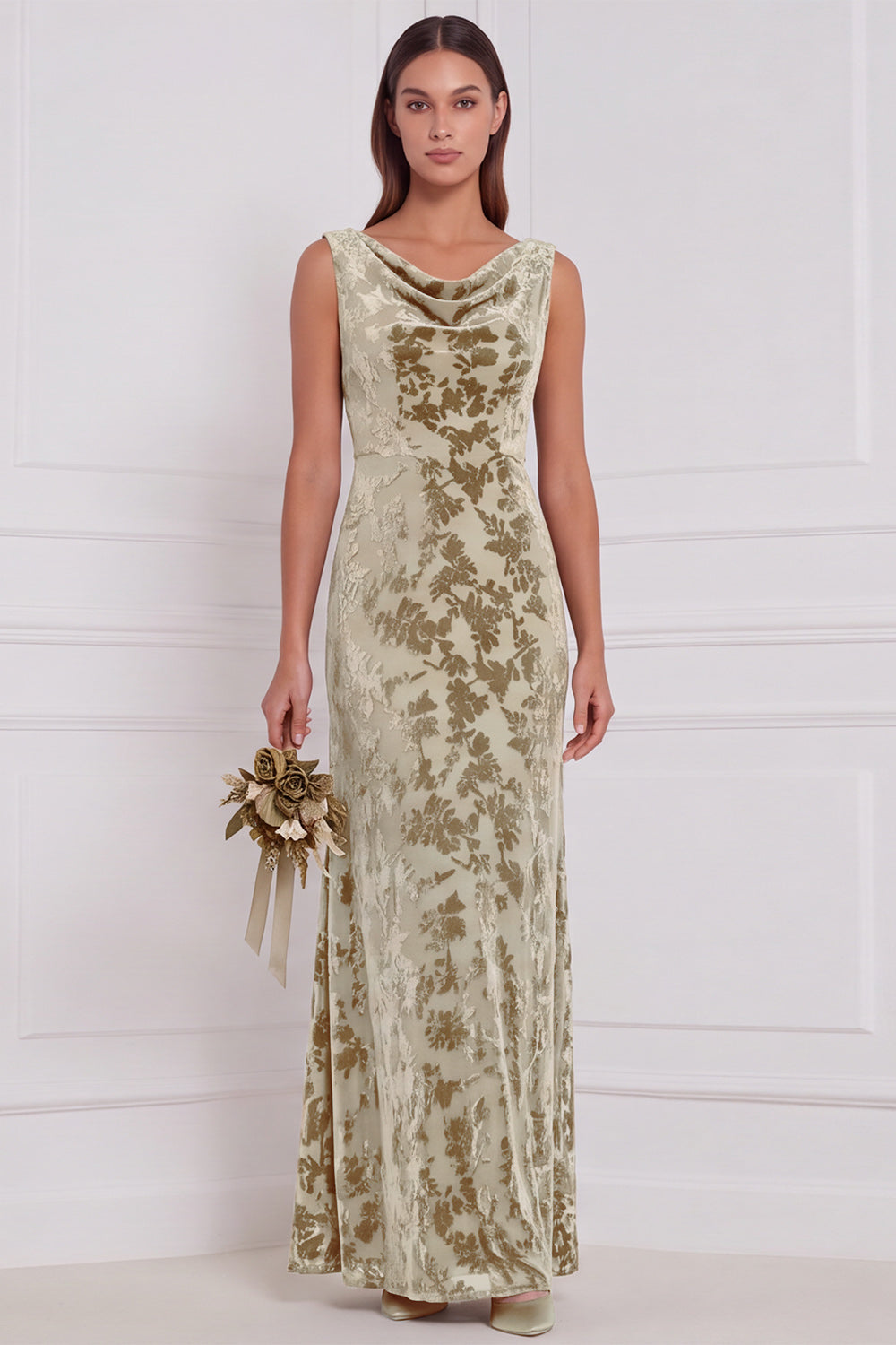 Olive Sheath Cowl Neck Burnout Velvet Long Bridesmaid Dress