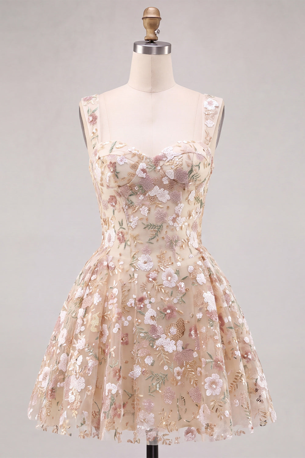 Apricot A-Line Sweetheart Floral Short Homecoming Dress with Sequins