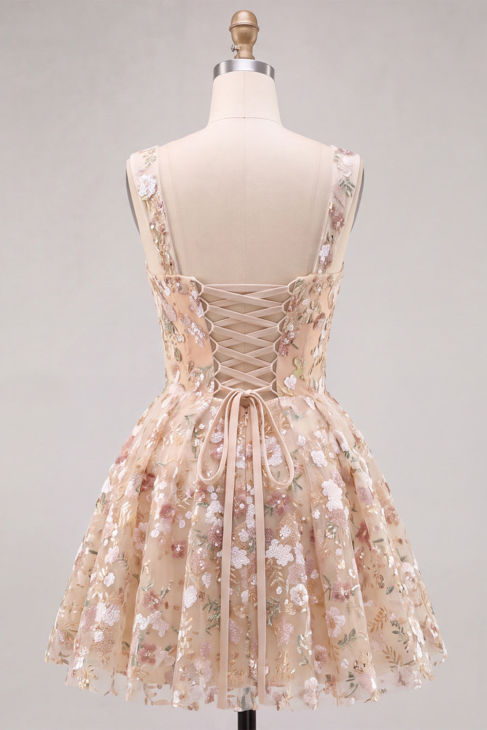 Apricot A-Line Sweetheart Floral Short Homecoming Dress with Sequins