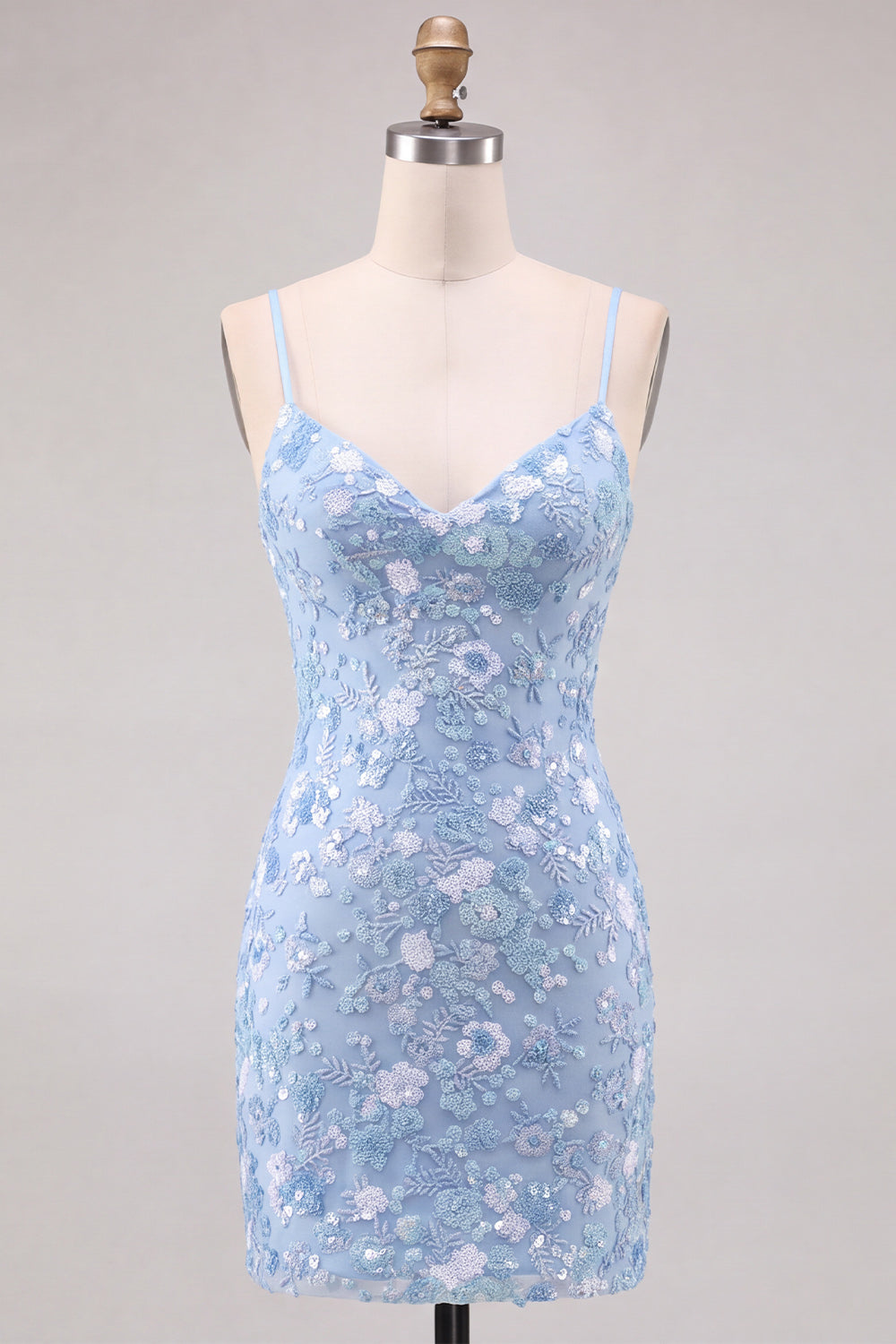 Sparkly Light Blue Bodycon Floral Short Homecoming Dress with Sequins