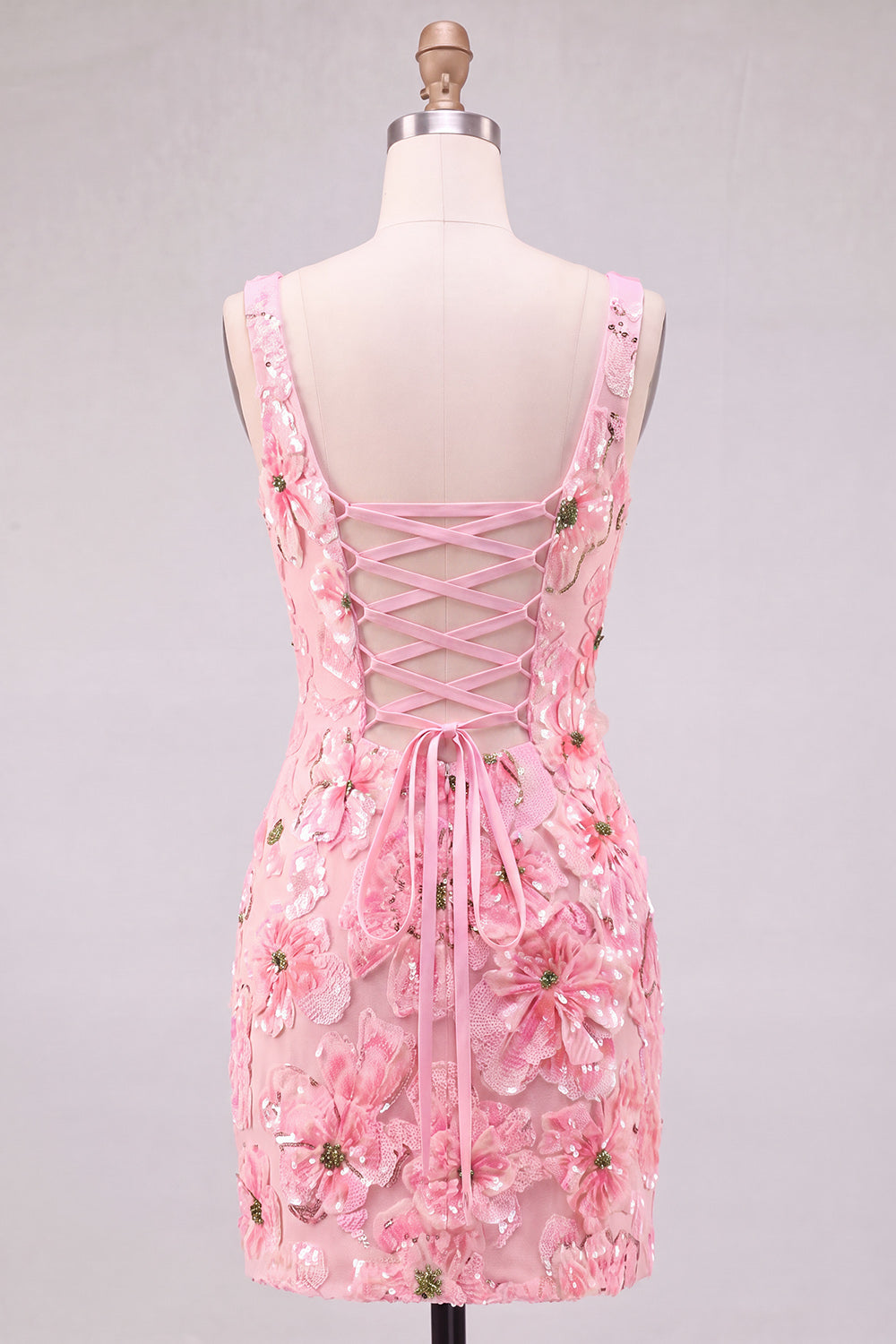 Pink Bodycon Square Neck Floral Short Homecoming Dress with Appliques