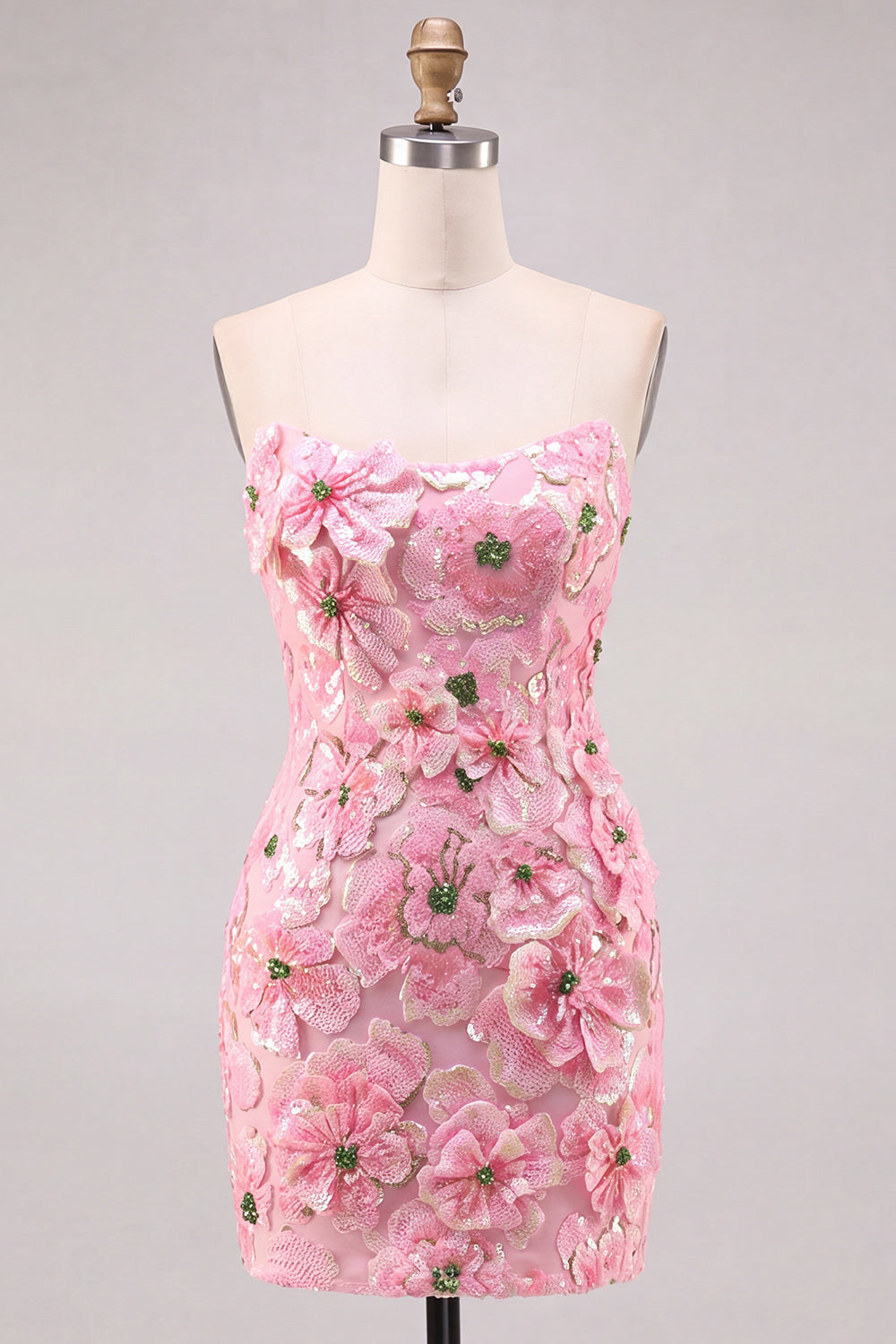 Pink Bodycon Strapless Floral Short Homecoming Dress