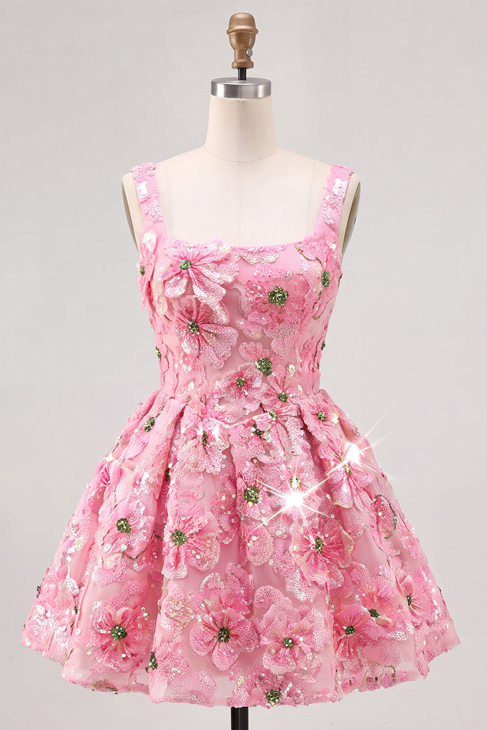 Pink A-Line Square Neck Floral Short Homecoming Dress with Sequins