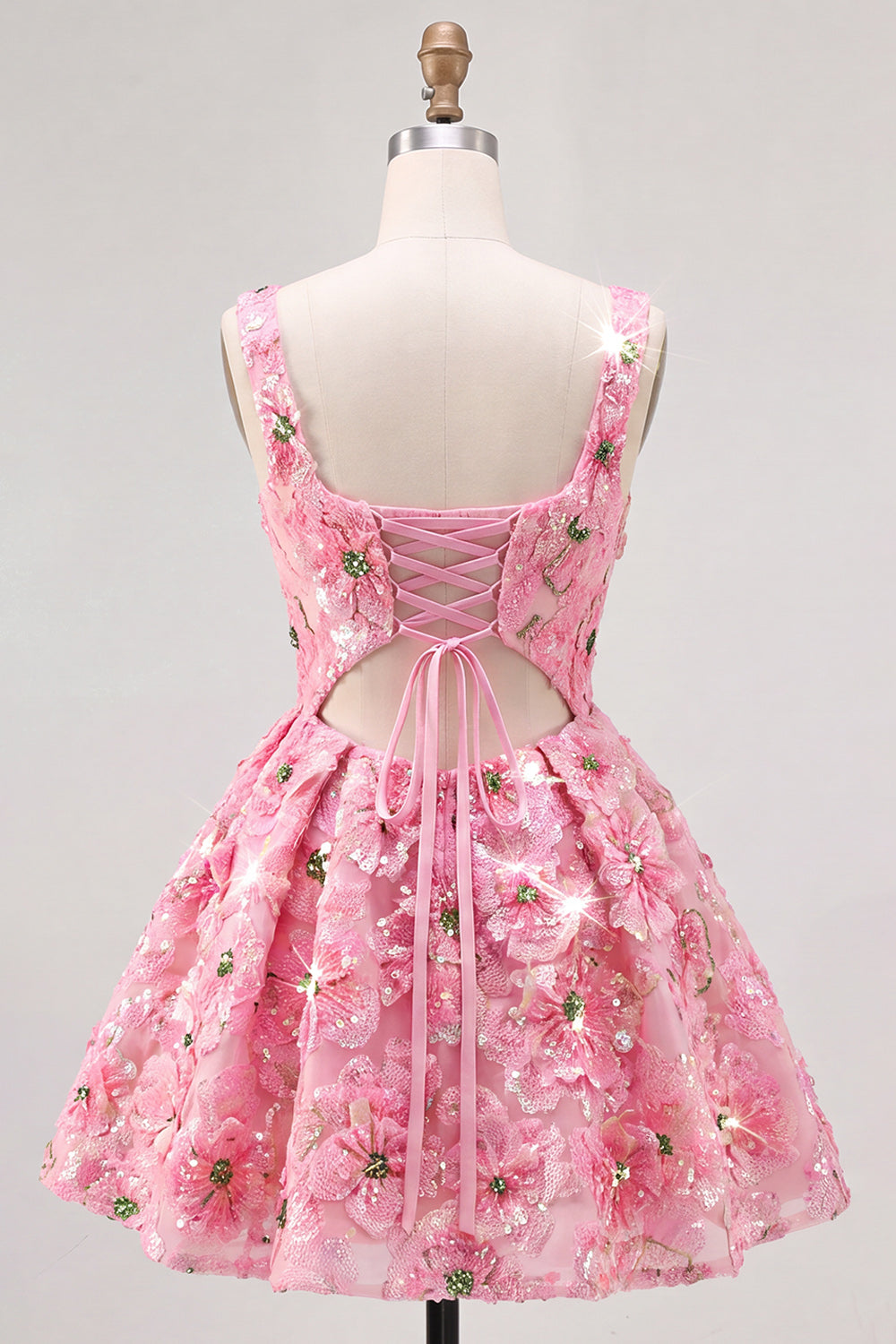 Pink A-Line Square Neck Floral Short Homecoming Dress with Sequins