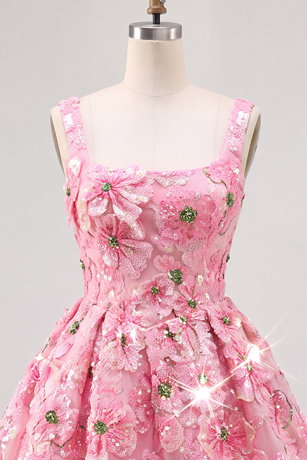 Pink A-Line Square Neck Floral Short Homecoming Dress with Sequins