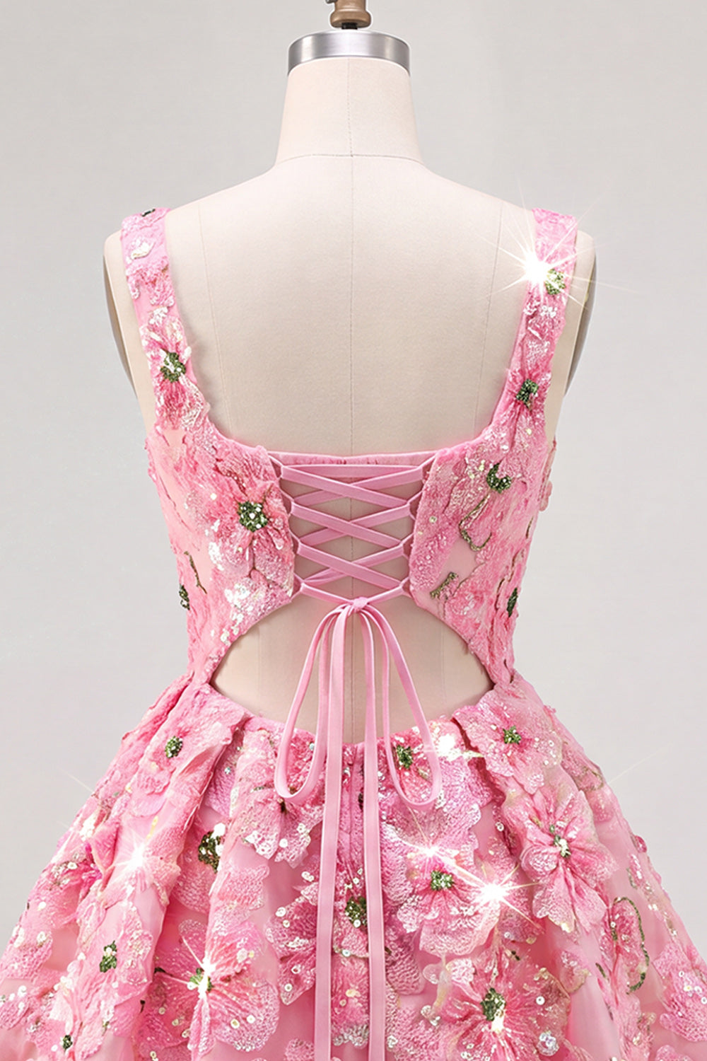 Pink A-Line Square Neck Floral Short Homecoming Dress with Sequins