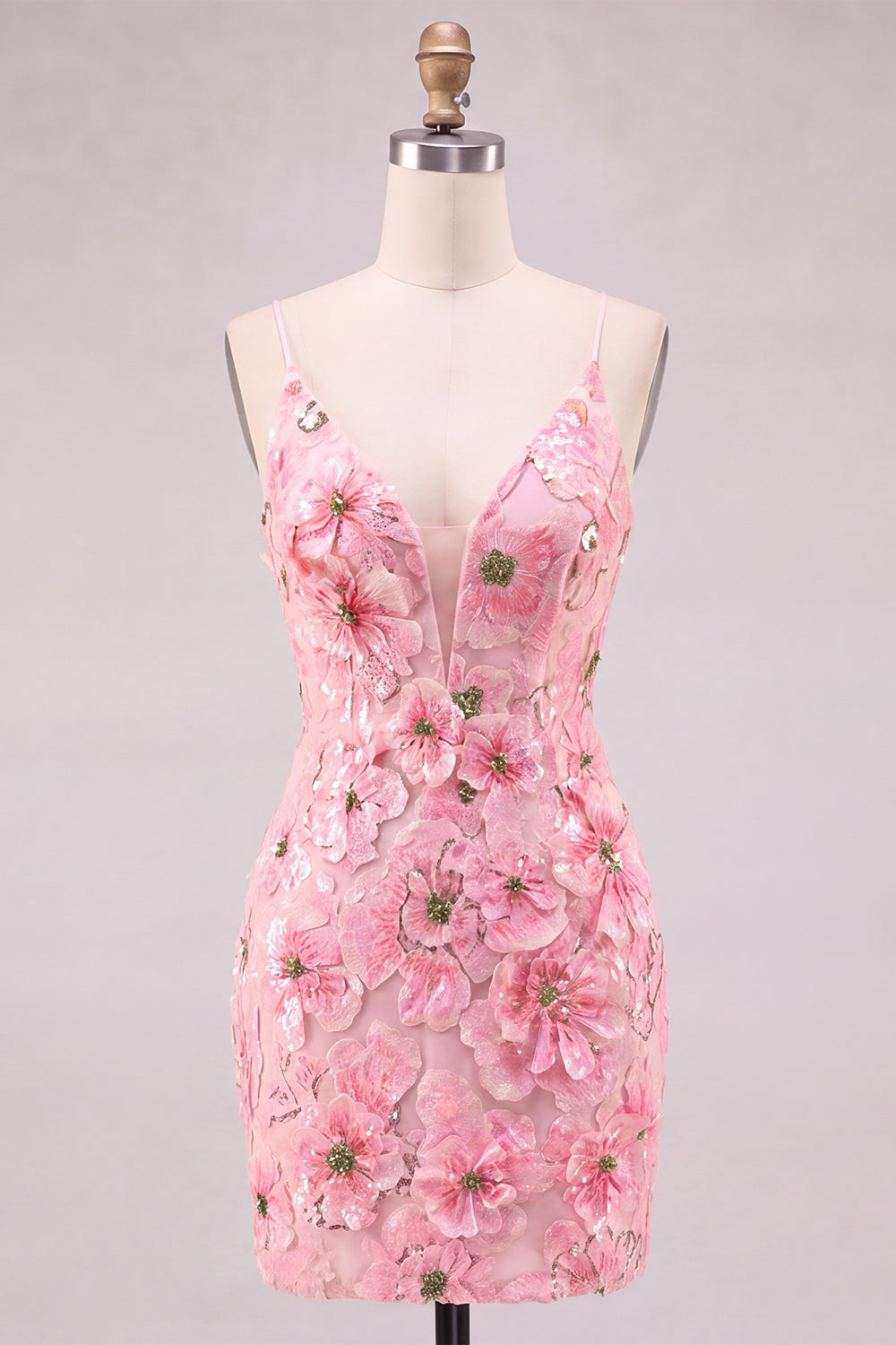 Pink V-Neck Floral Short Tight Homecoming Dress with Lace Up Back