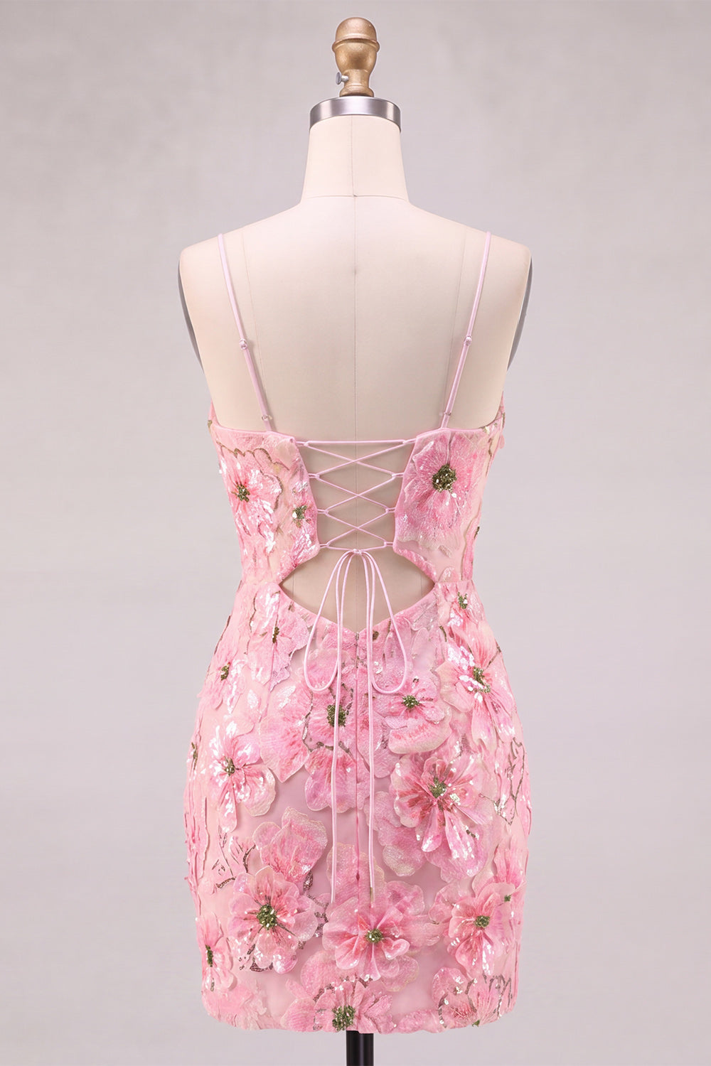 Pink V-Neck Floral Short Tight Homecoming Dress with Lace Up Back