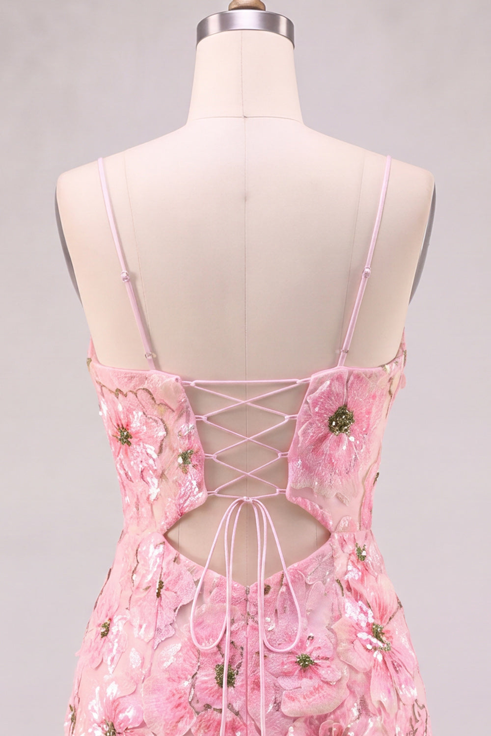 Pink V-Neck Floral Short Tight Homecoming Dress with Lace Up Back